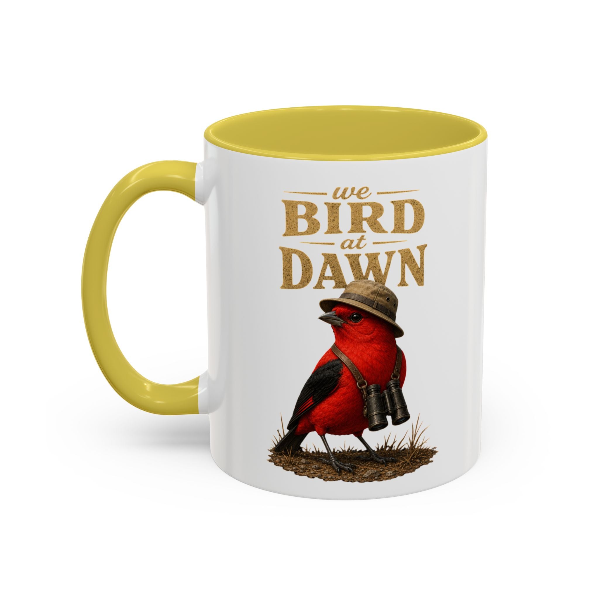 Birdwatcher Coffee Mug — "We Bird at Dawn" Illustrated Scarlet Tanager Mug (11oz/15oz)