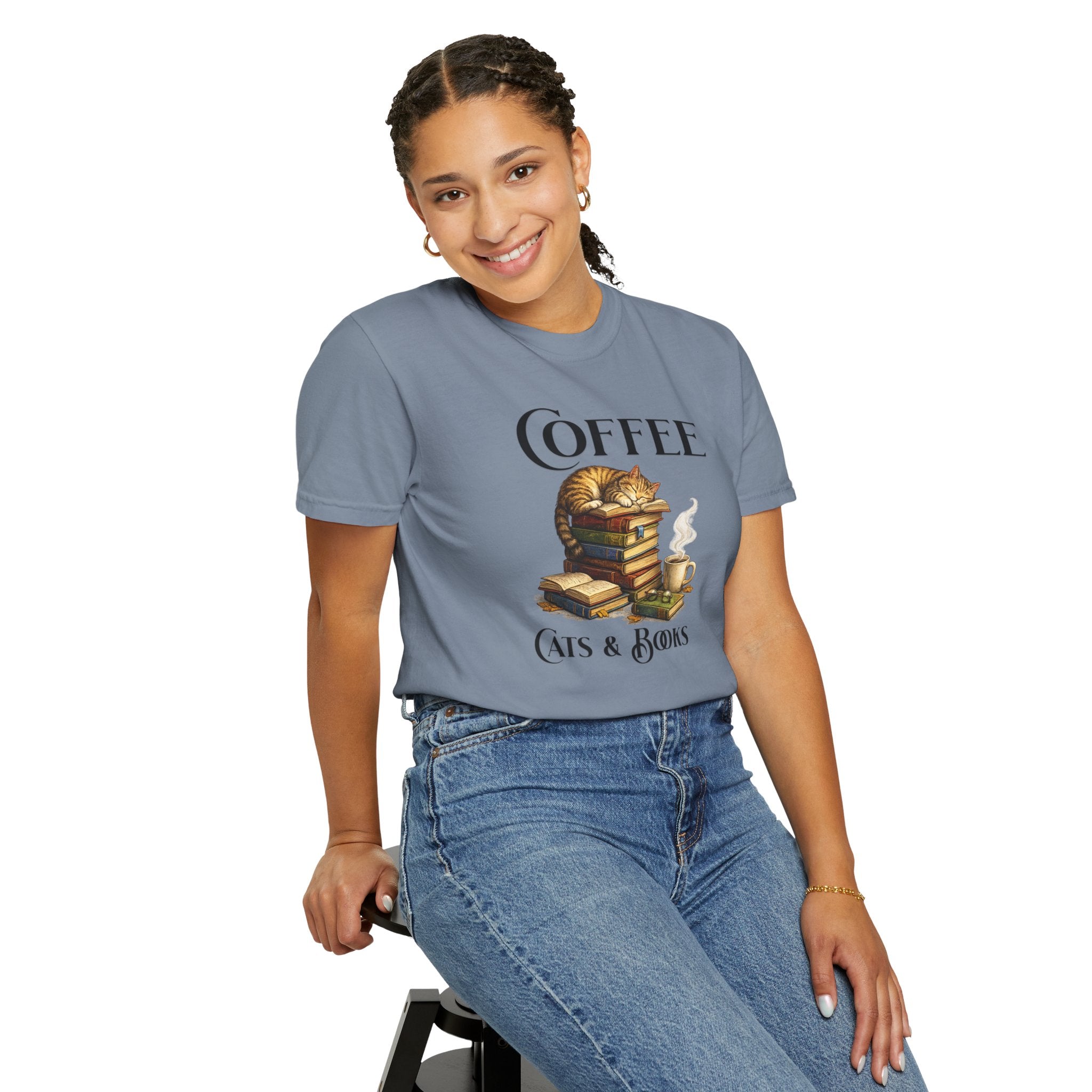 Coffee, Cats & Books T-Shirt — Cozy Booklover Tee