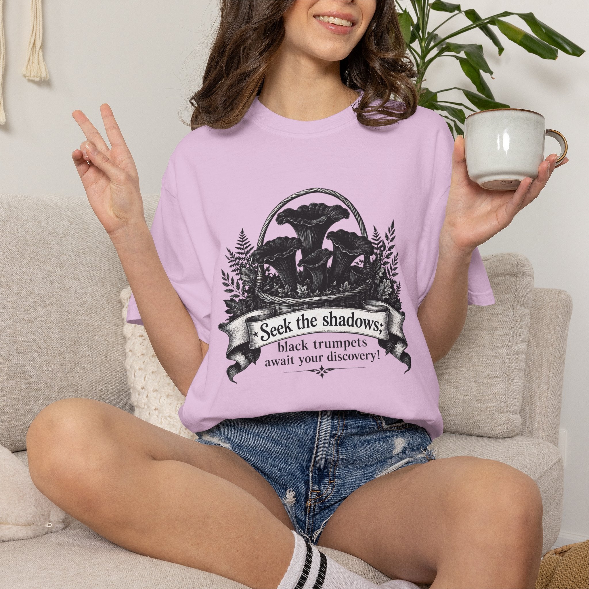 Black Trumpets Mushroom T-Shirt - "Seek the shadows: black trumpets await your discovery" - Foraging & Woodland Tee