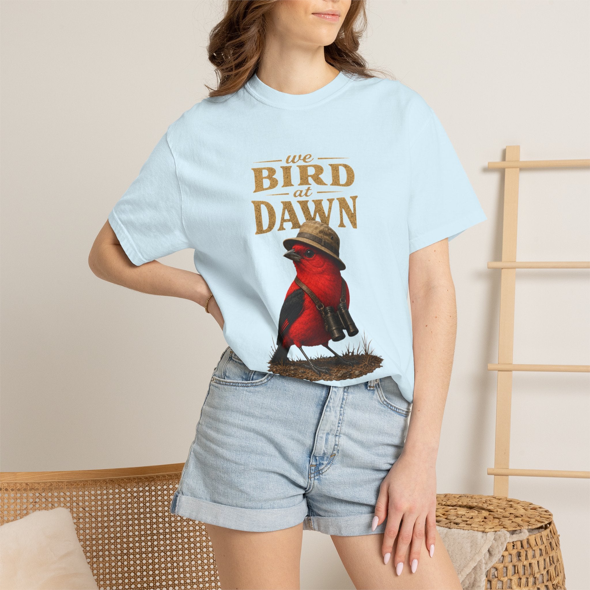 We Bird at Dawn T-Shirt — Vintage Red Scarlet Tanager Bird Graphic Tee