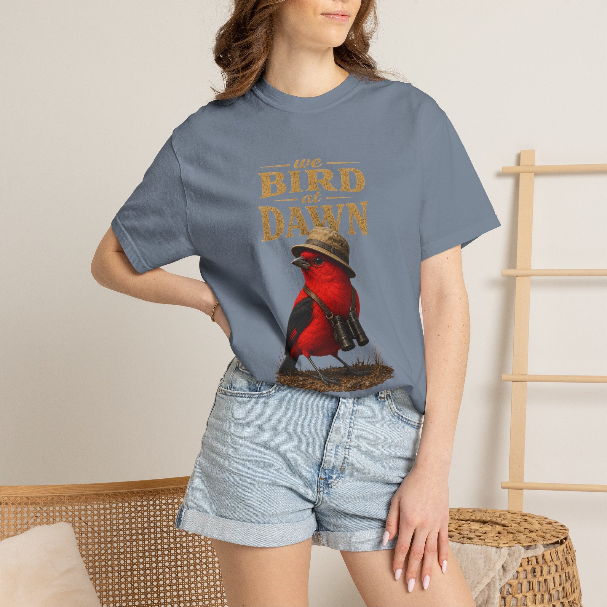 We Bird at Dawn T-Shirt — Vintage Red Scarlet Tanager Bird Graphic Tee