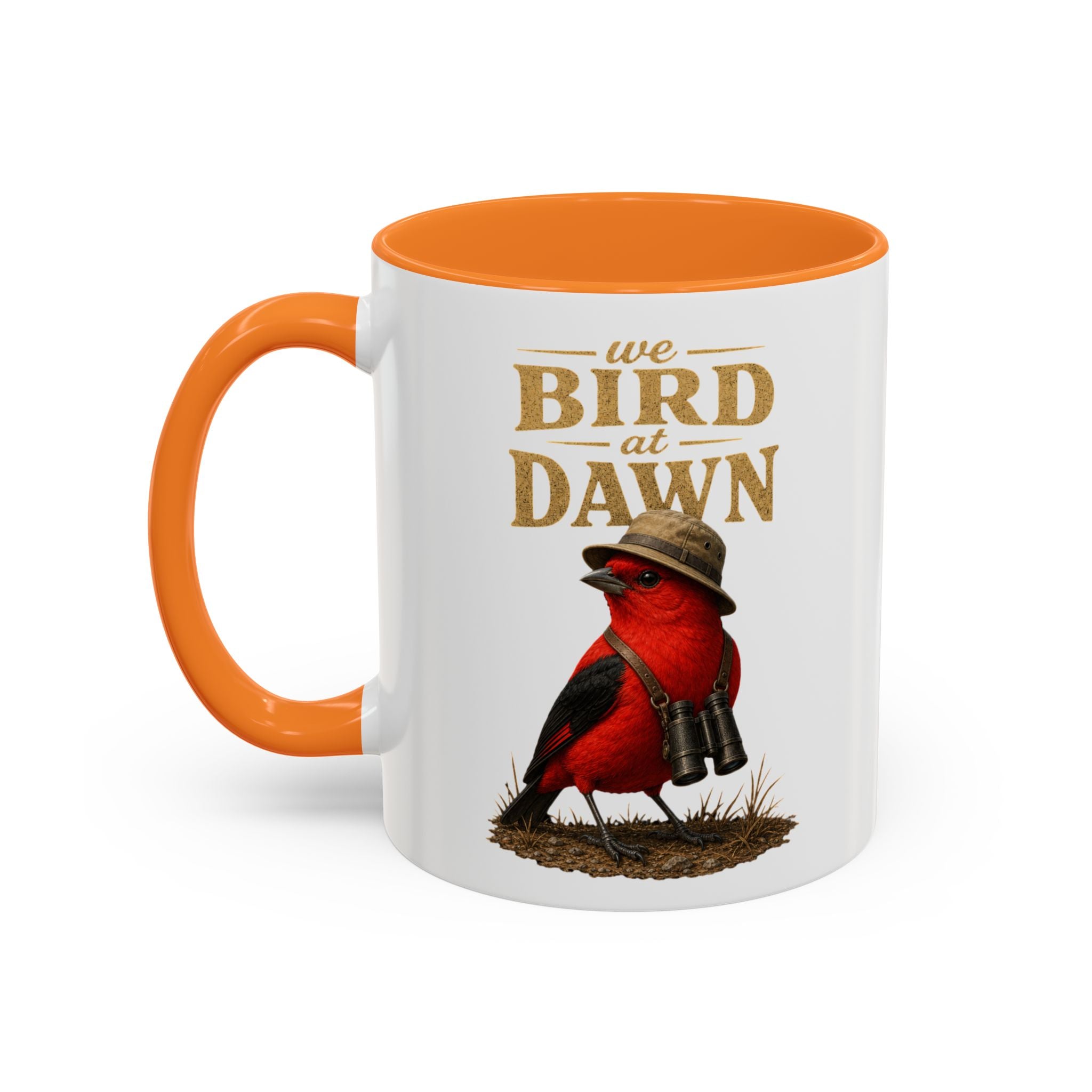 Birdwatcher Coffee Mug — "We Bird at Dawn" Illustrated Scarlet Tanager Mug (11oz/15oz)