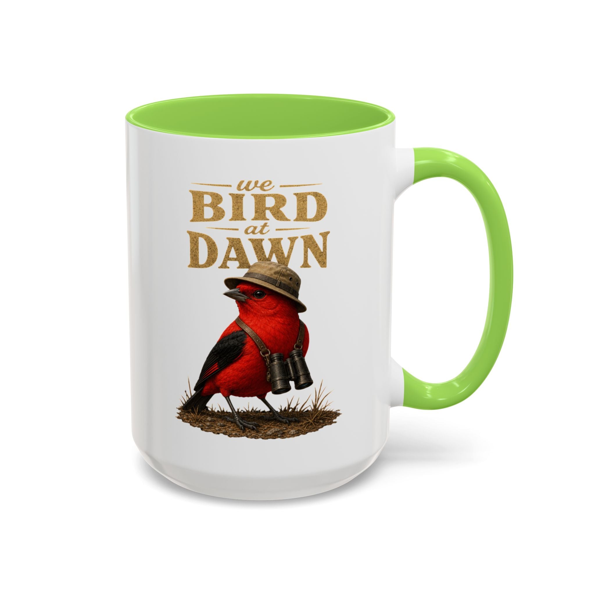 Birdwatcher Coffee Mug — "We Bird at Dawn" Illustrated Scarlet Tanager Mug (11oz/15oz)