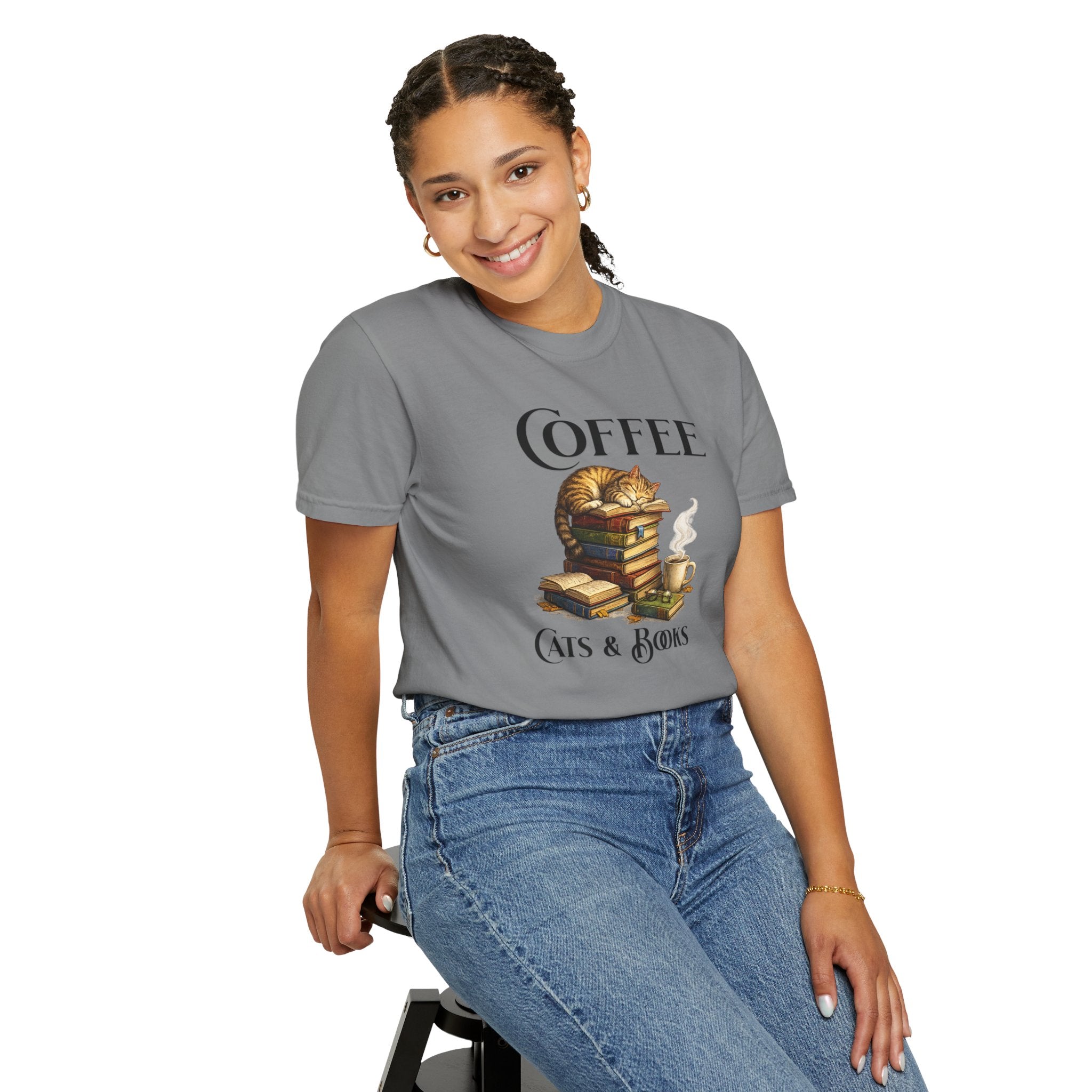 Coffee, Cats & Books T-Shirt — Cozy Booklover Tee