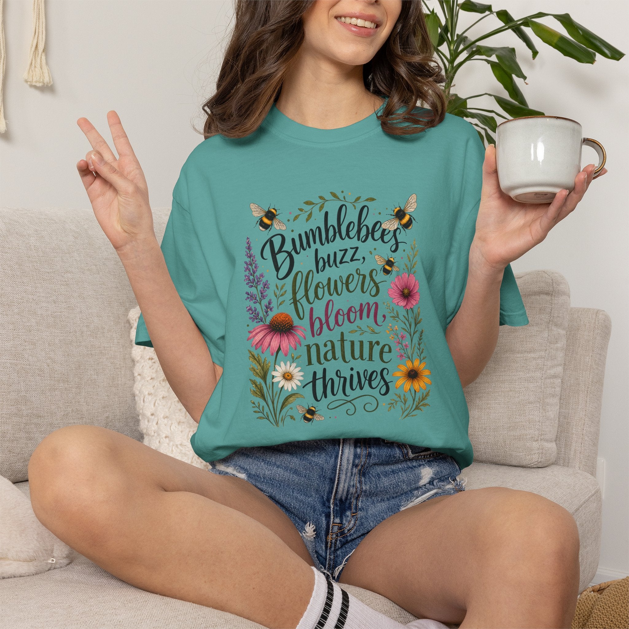 Bumblebees Buzz Flowers Bloom Nature Thrives T-Shirt Garden Tee