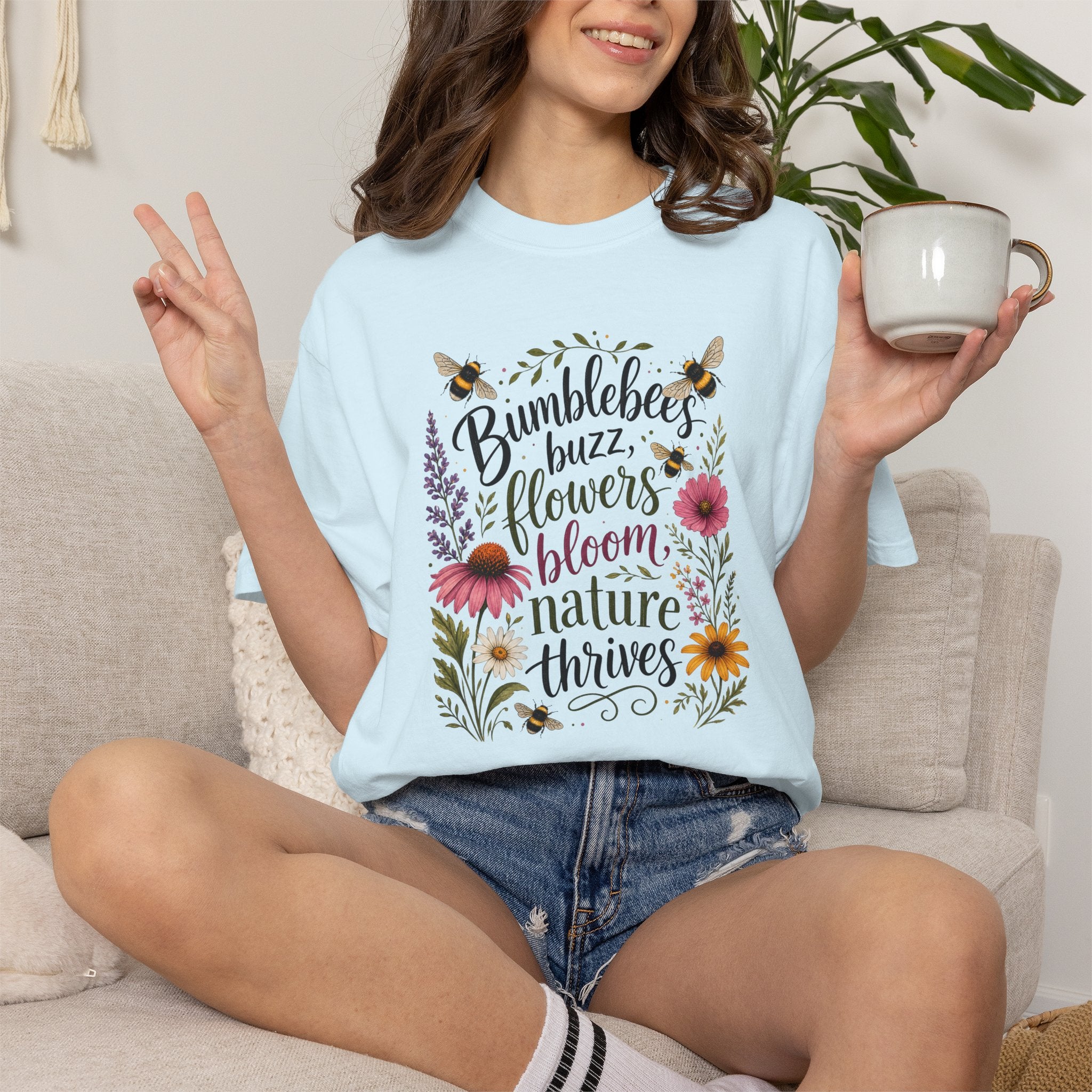 Bumblebees Buzz Flowers Bloom Nature Thrives T-Shirt Garden Tee
