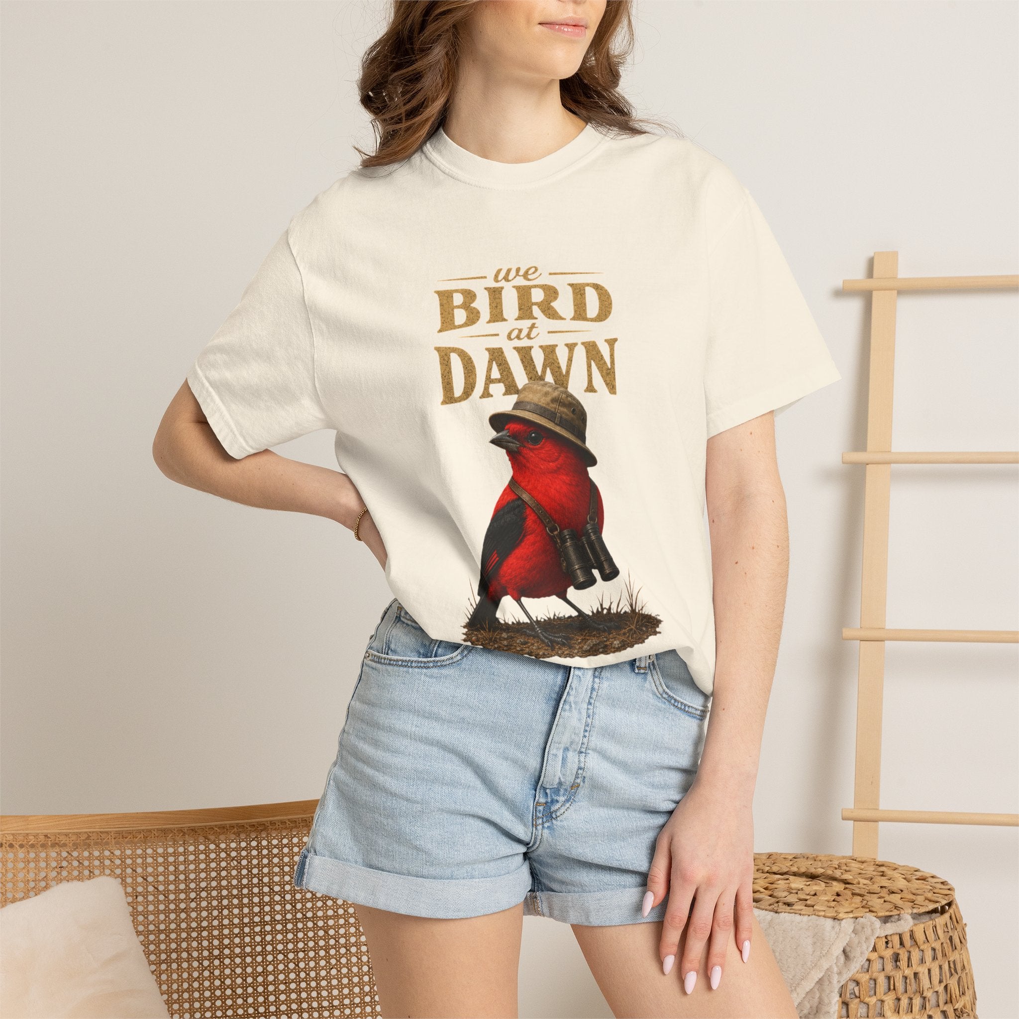 We Bird at Dawn T-Shirt — Vintage Red Scarlet Tanager Bird Graphic Tee