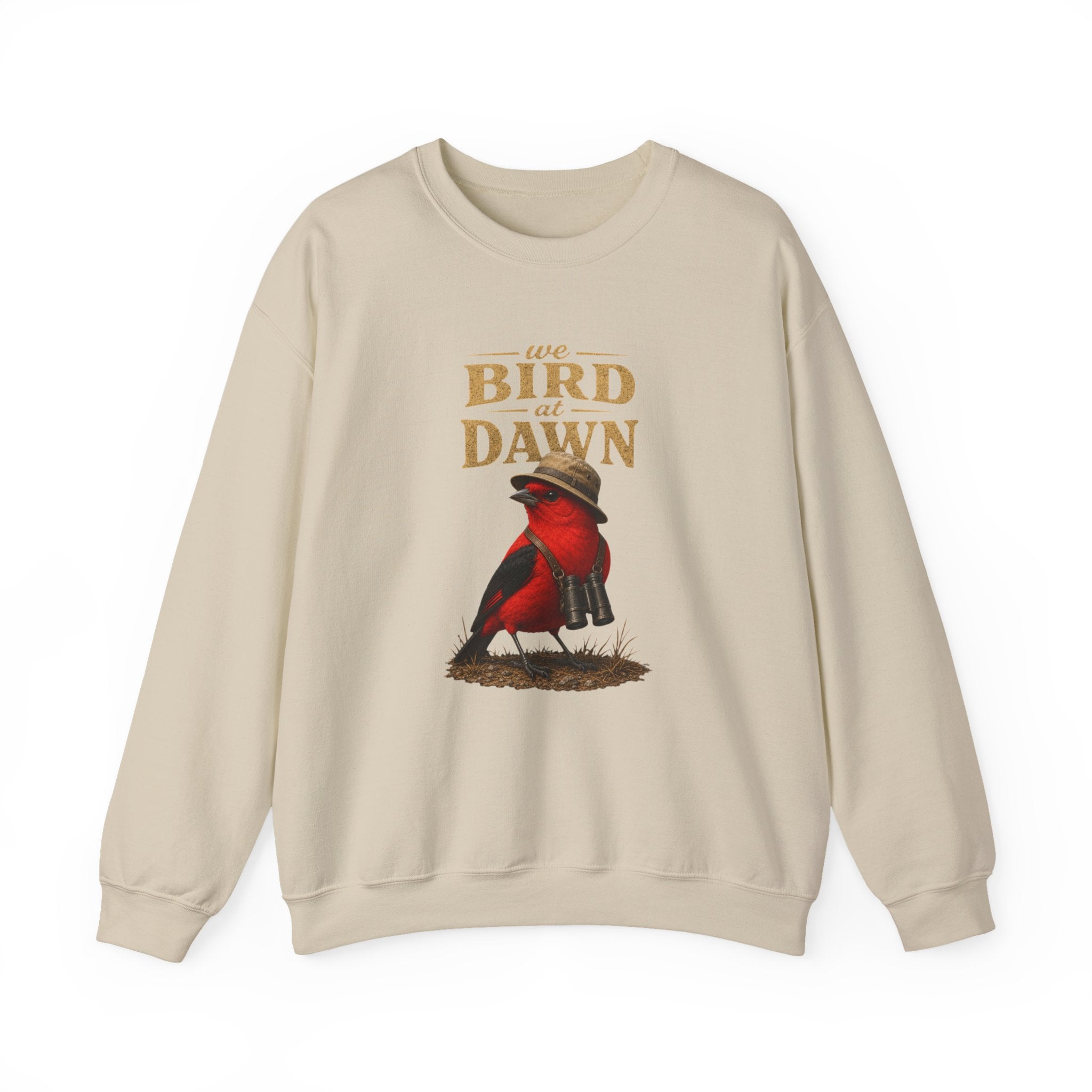Crewneck Sweatshirt "We Bird at Dawn" — Red Scarlet Tanager Bird Illustration Cozy Pullover