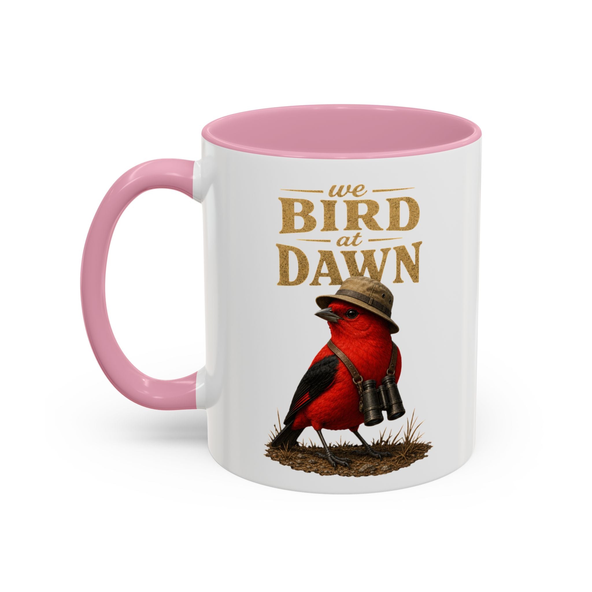 Birdwatcher Coffee Mug — "We Bird at Dawn" Illustrated Scarlet Tanager Mug (11oz/15oz)