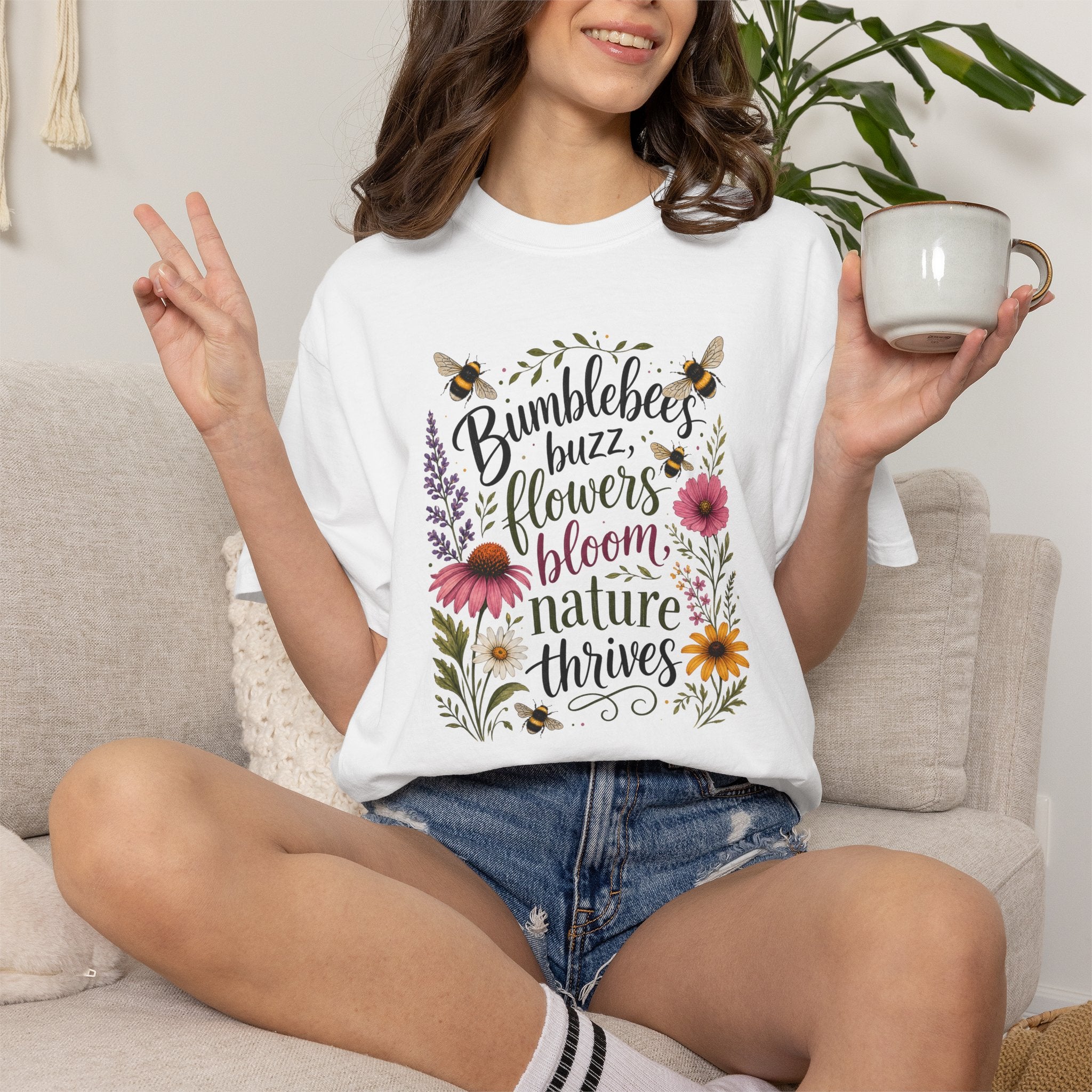 Bumblebees Buzz Flowers Bloom Nature Thrives T-Shirt Garden Tee