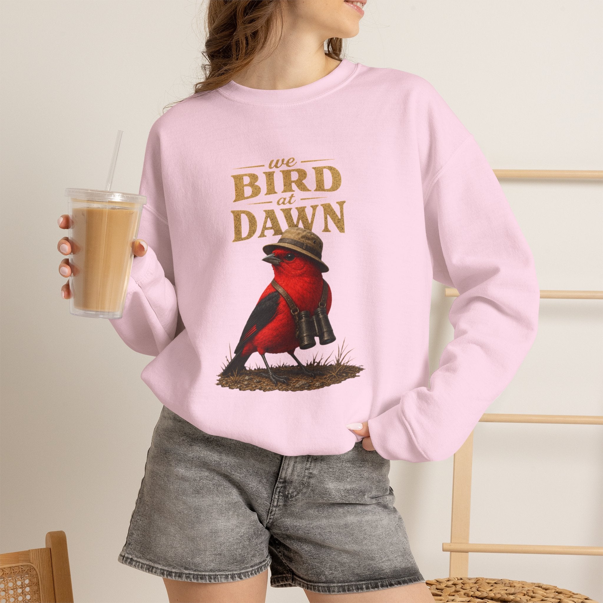 Crewneck Sweatshirt "We Bird at Dawn" — Red Scarlet Tanager Bird Illustration Cozy Pullover
