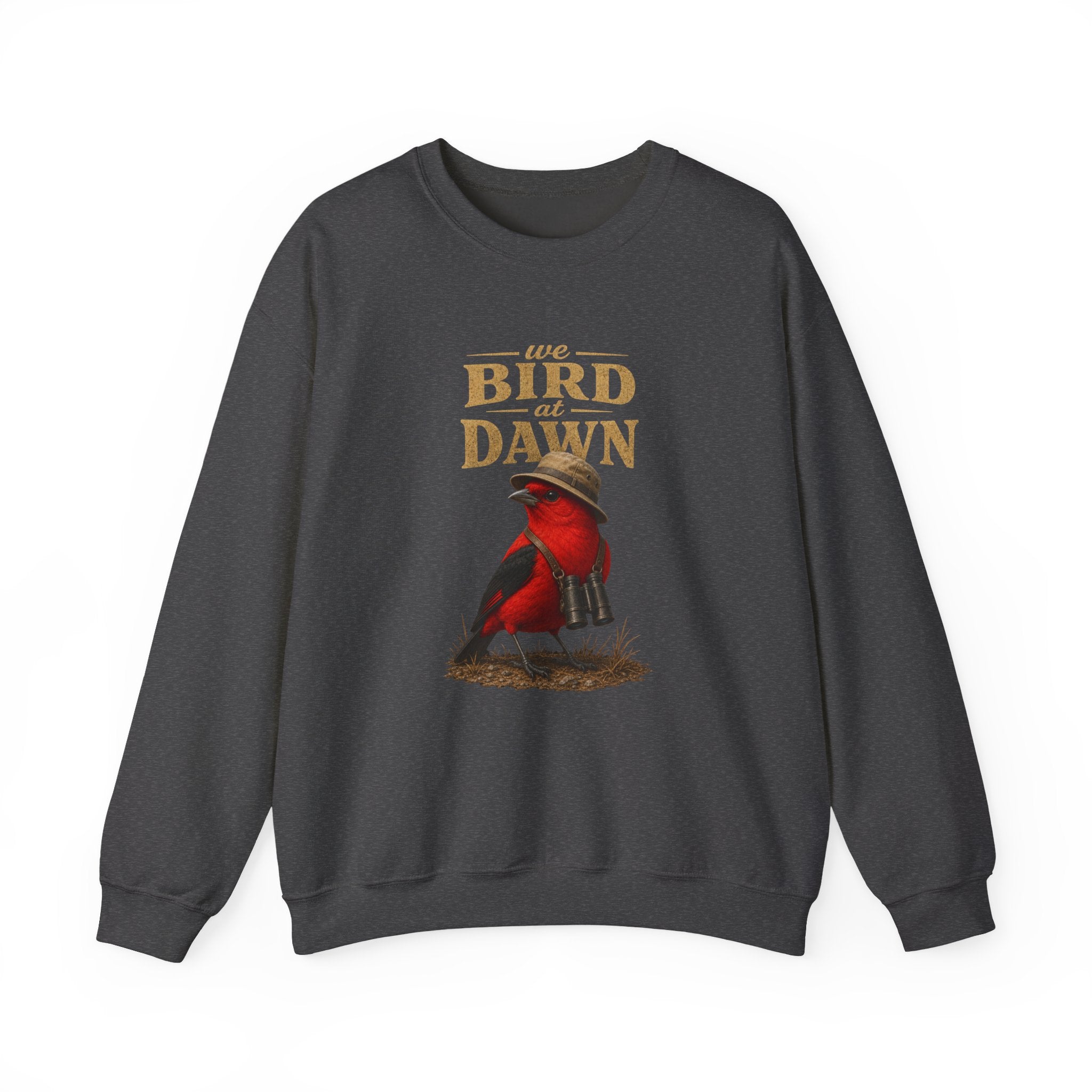 Crewneck Sweatshirt "We Bird at Dawn" — Red Scarlet Tanager Bird Illustration Cozy Pullover