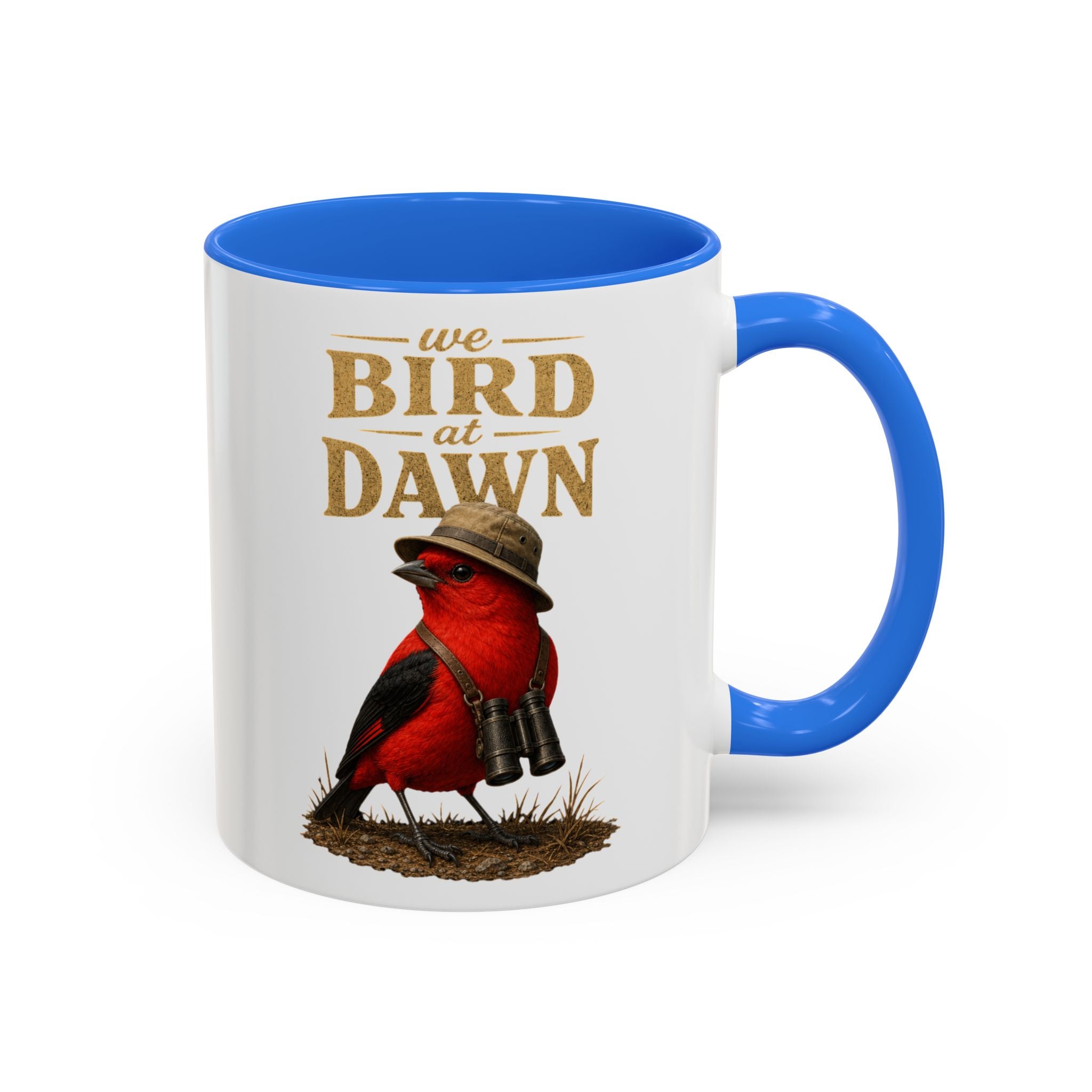 Birdwatcher Coffee Mug — "We Bird at Dawn" Illustrated Scarlet Tanager Mug (11oz/15oz)