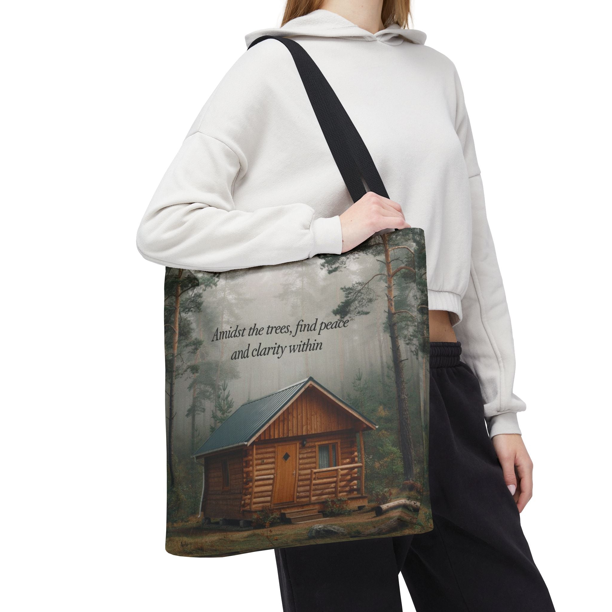Cabin in the Woods Tote Bag — "Amidst the trees, find peace and clarity within" Nature Canvas Tote