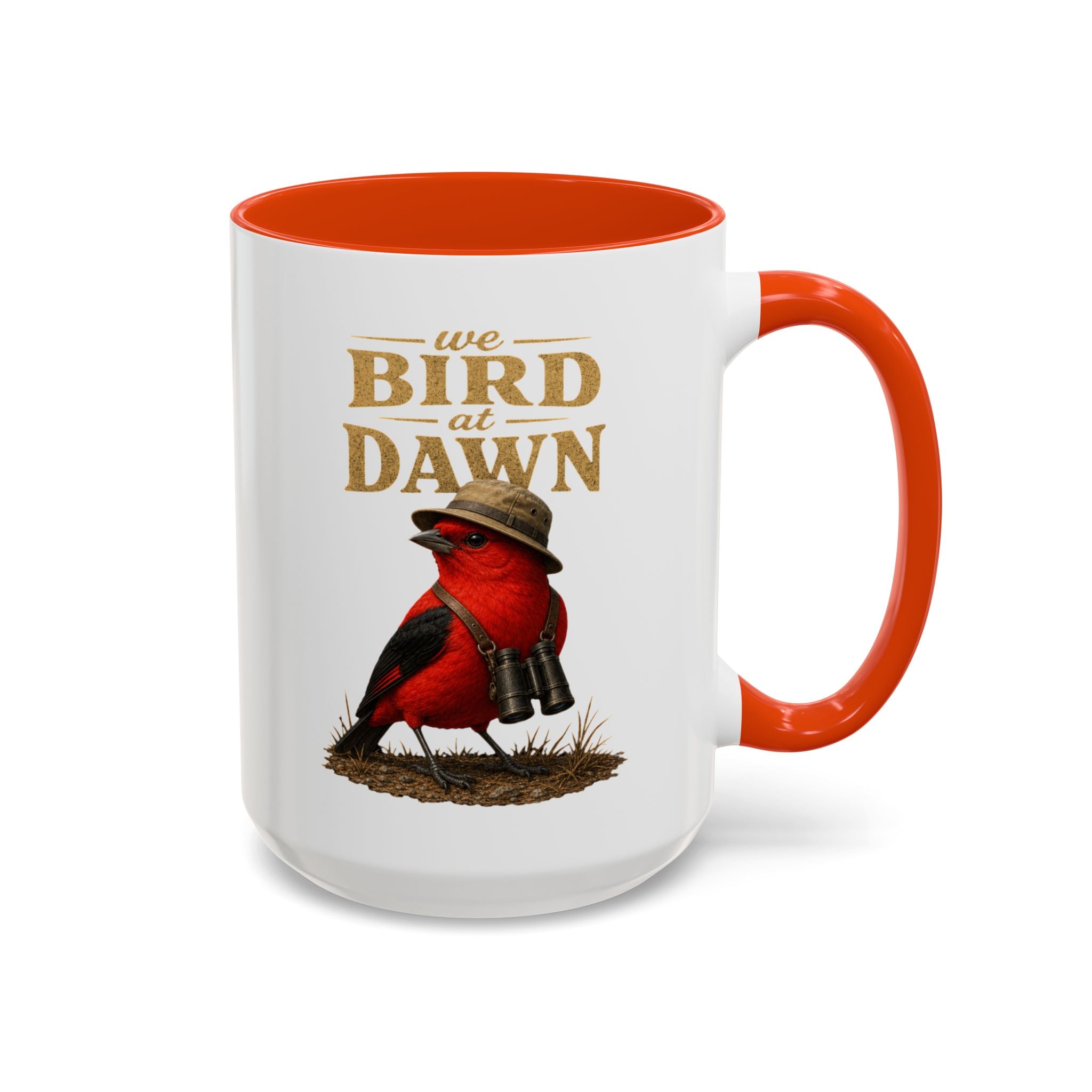 Birdwatcher Coffee Mug — "We Bird at Dawn" Illustrated Scarlet Tanager Mug (11oz/15oz)
