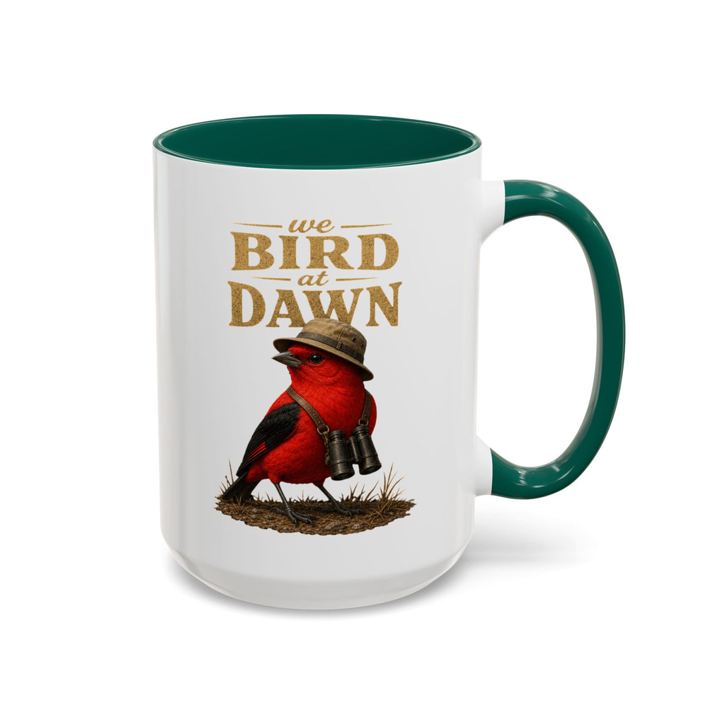 Birdwatcher Coffee Mug — "We Bird at Dawn" Illustrated Scarlet Tanager Mug (11oz/15oz)