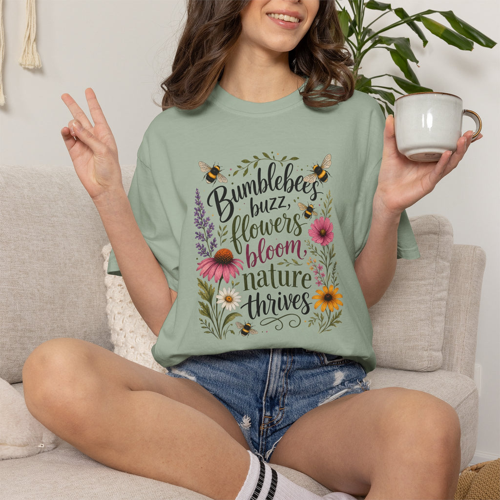 Bumblebees Buzz Flowers Bloom Nature Thrives T-Shirt Garden Tee