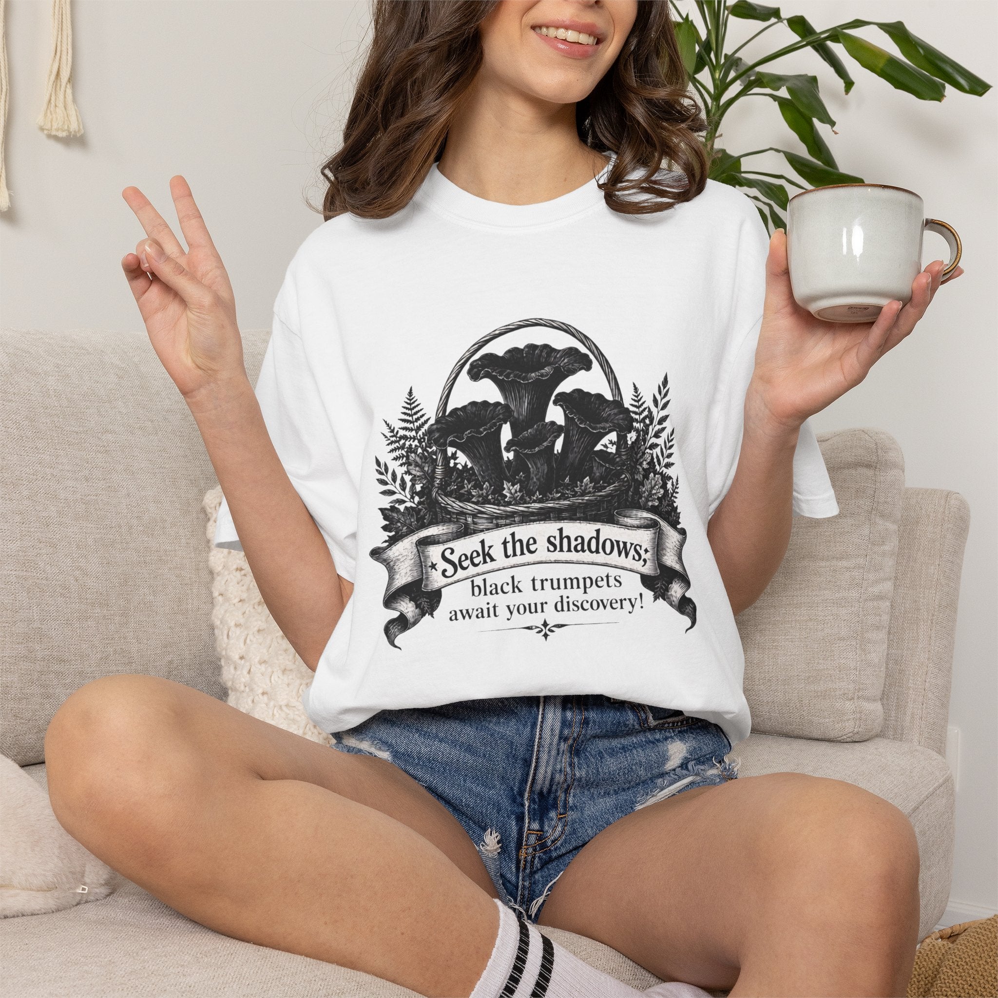 Black Trumpets Mushroom T-Shirt - "Seek the shadows: black trumpets await your discovery" - Foraging & Woodland Tee
