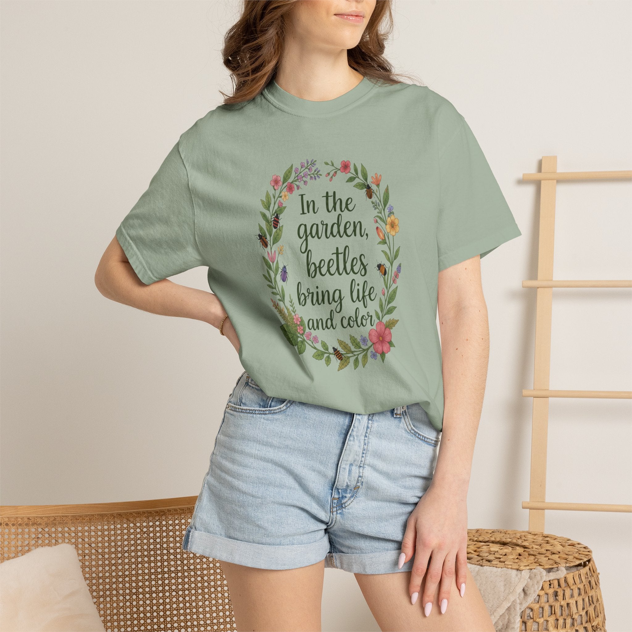 Garden Beetles T-Shirt In the Garden, Beetles Bring Life and Color Floral Wreath Tee