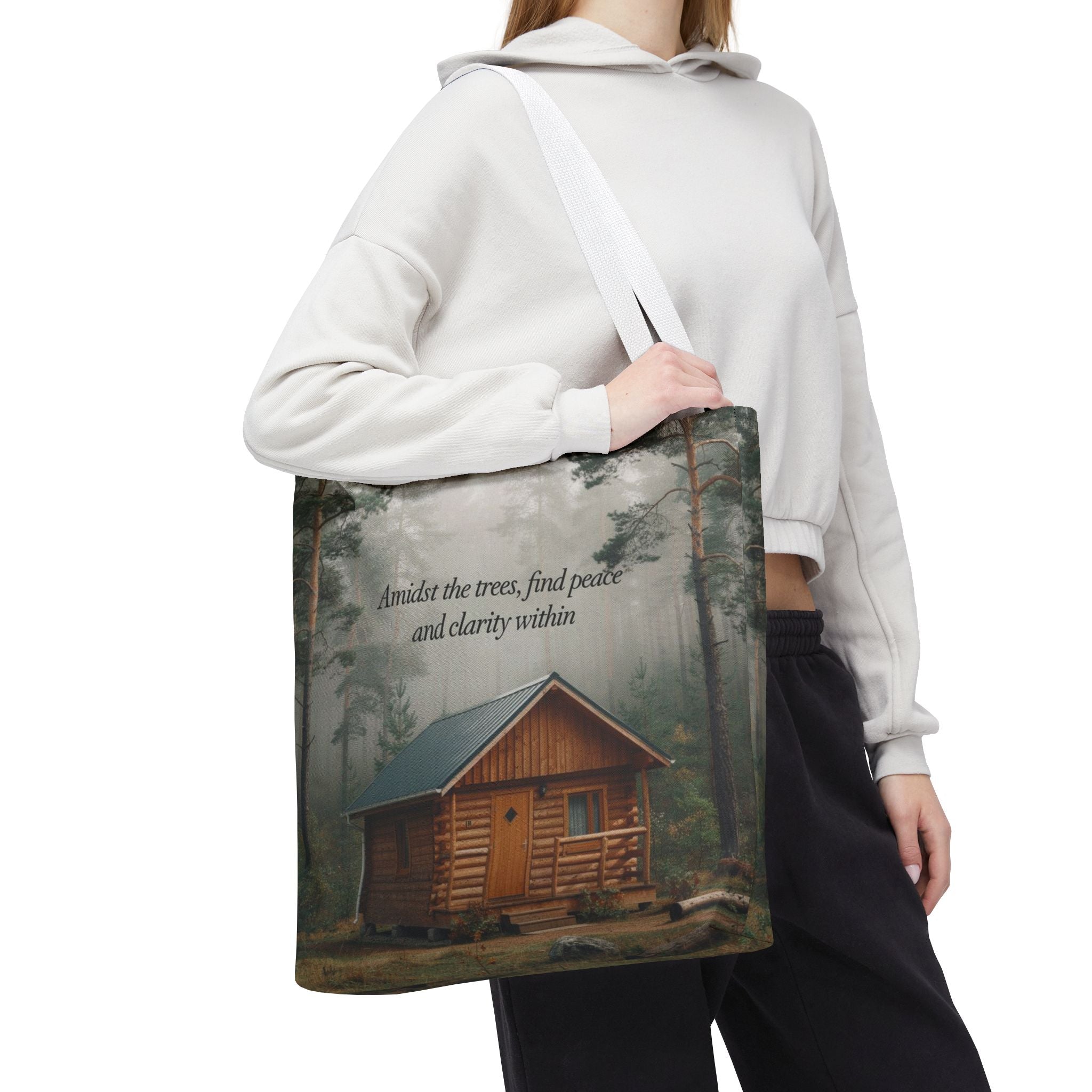 Cabin in the Woods Tote Bag — "Amidst the trees, find peace and clarity within" Nature Canvas Tote