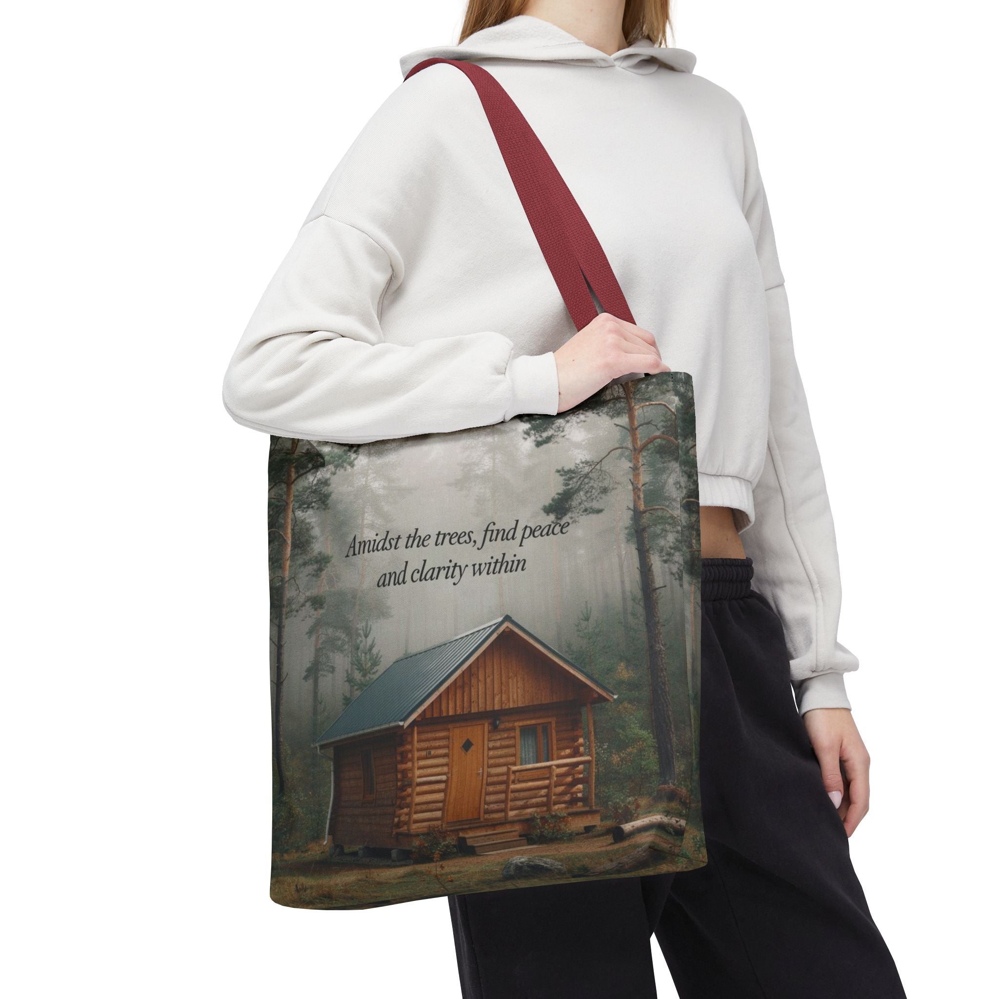 Cabin in the Woods Tote Bag — "Amidst the trees, find peace and clarity within" Nature Canvas Tote