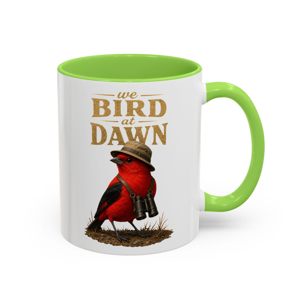 Birdwatcher Coffee Mug — "We Bird at Dawn" Illustrated Scarlet Tanager Mug (11oz/15oz)