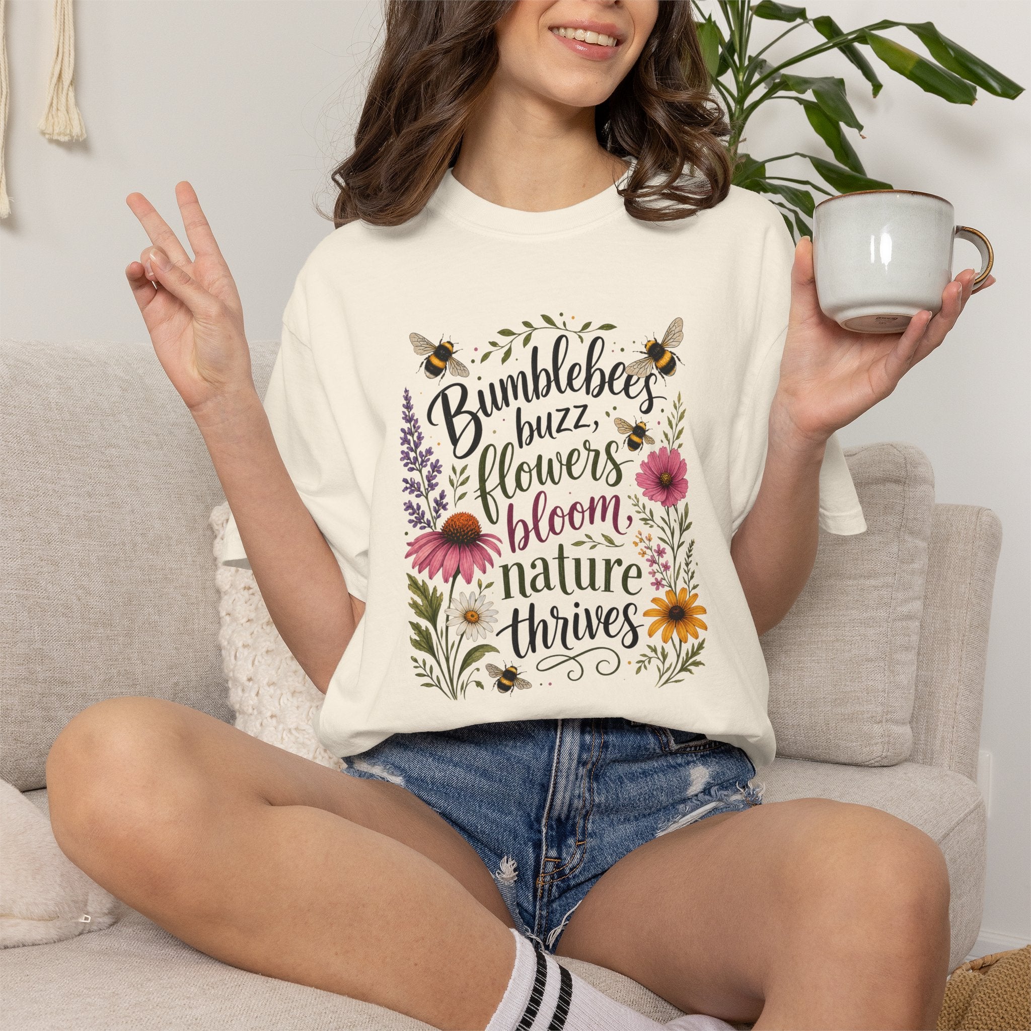 Bumblebees Buzz Flowers Bloom Nature Thrives T-Shirt Garden Tee