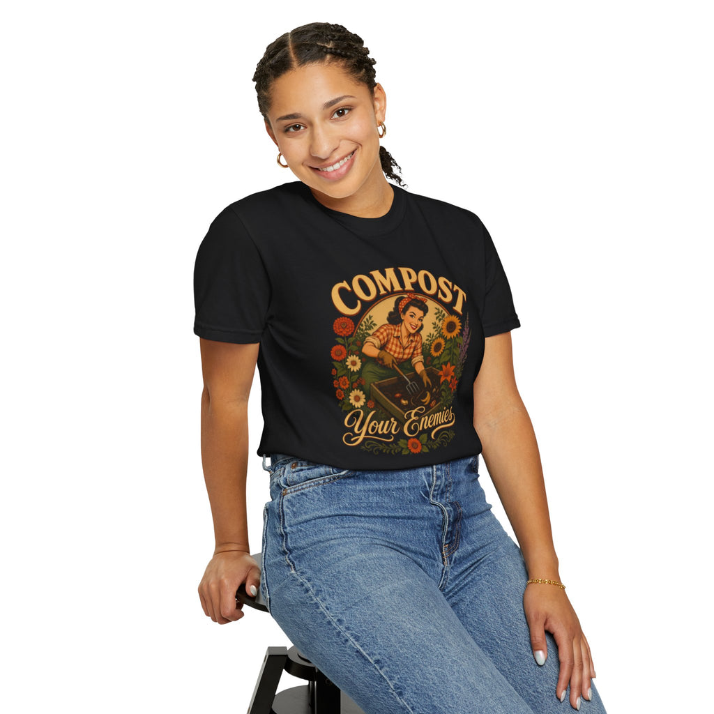 Funny Quote 'Compost Your Enemies' Vintage Gardening Theme Garment-Dyed T-shirt