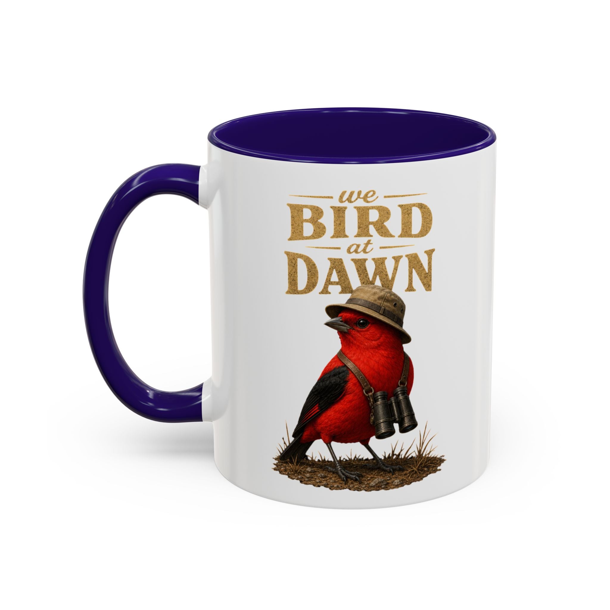 Birdwatcher Coffee Mug — "We Bird at Dawn" Illustrated Scarlet Tanager Mug (11oz/15oz)