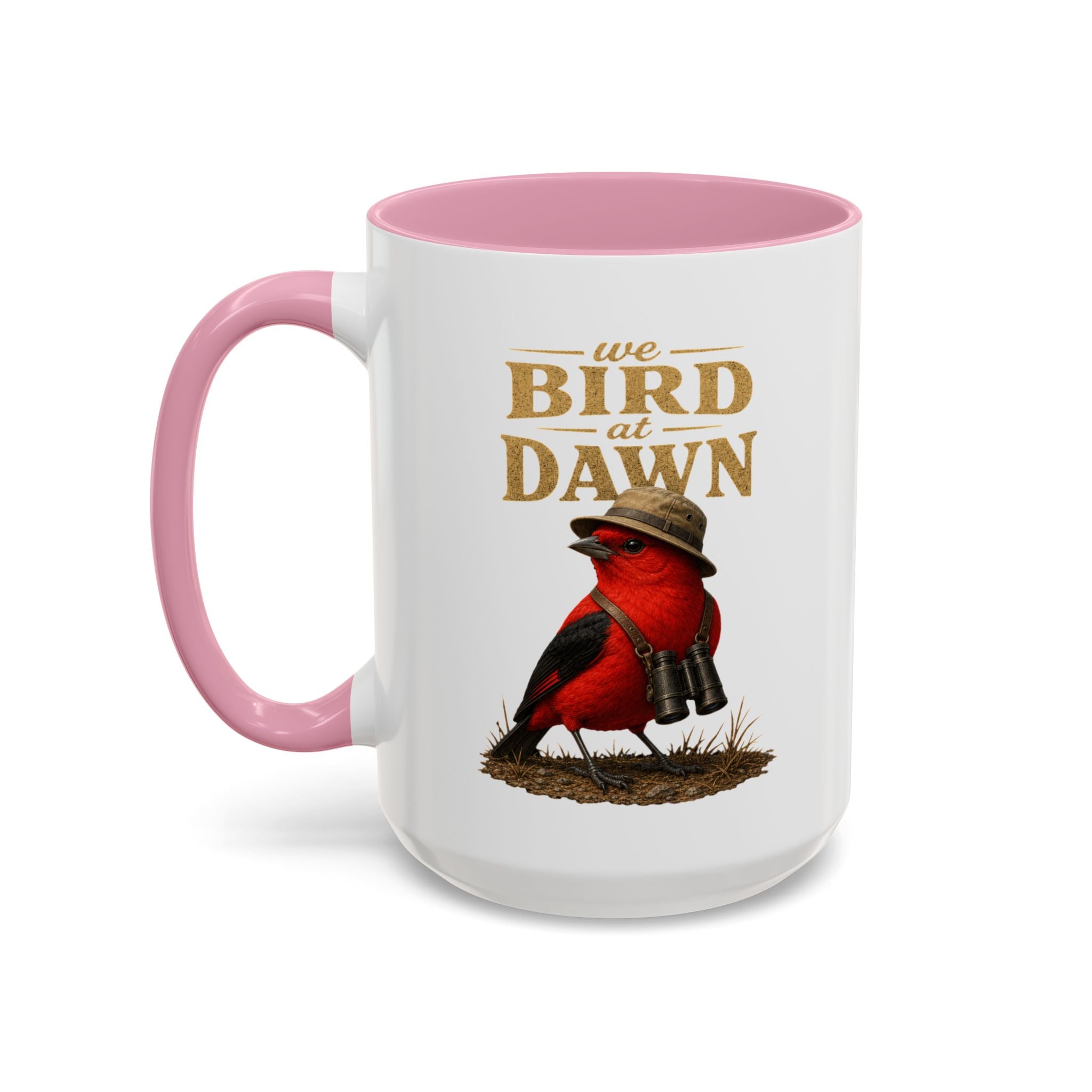 Birdwatcher Coffee Mug — "We Bird at Dawn" Illustrated Scarlet Tanager Mug (11oz/15oz)