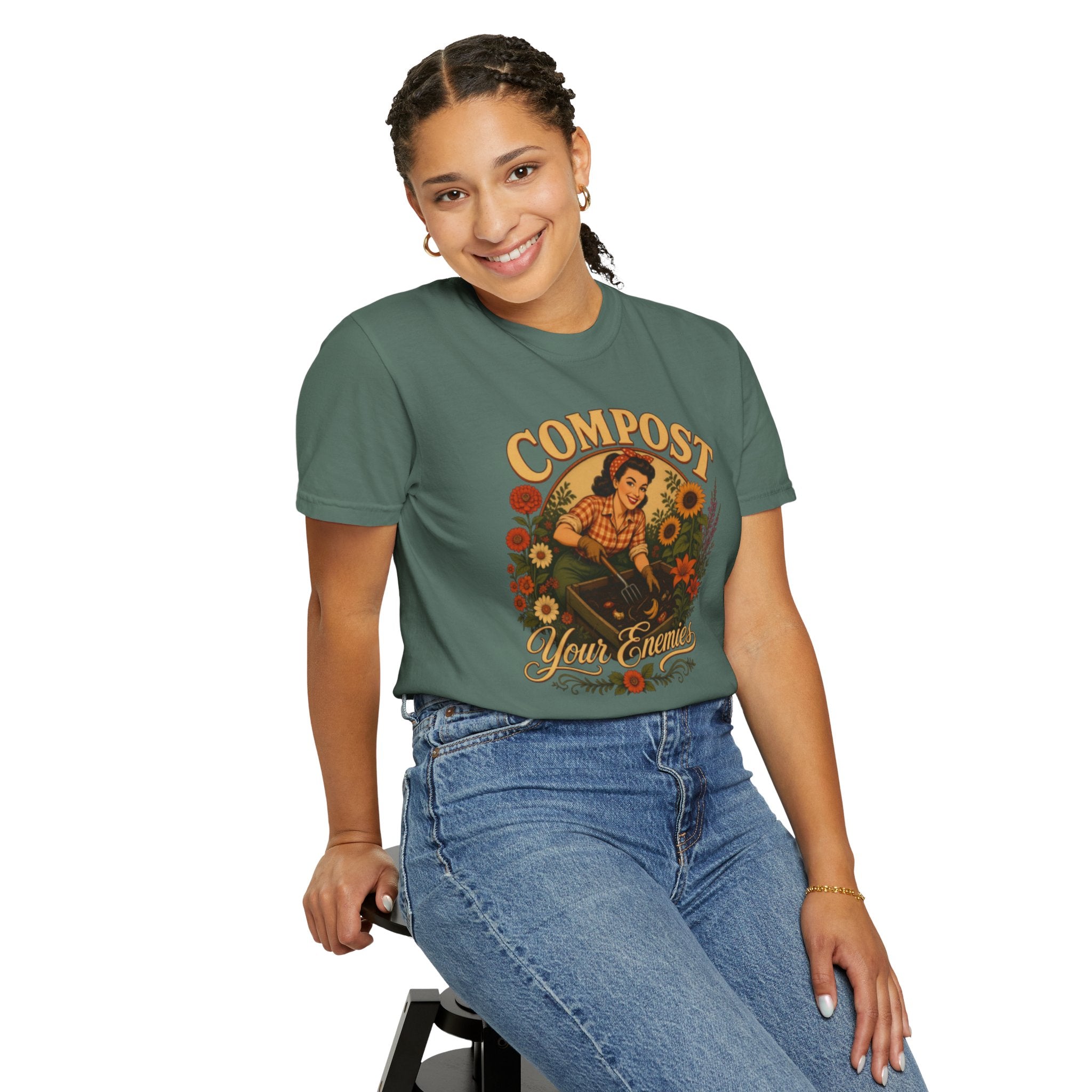 Funny Quote 'Compost Your Enemies' Vintage Gardening Theme Garment-Dyed T-shirt