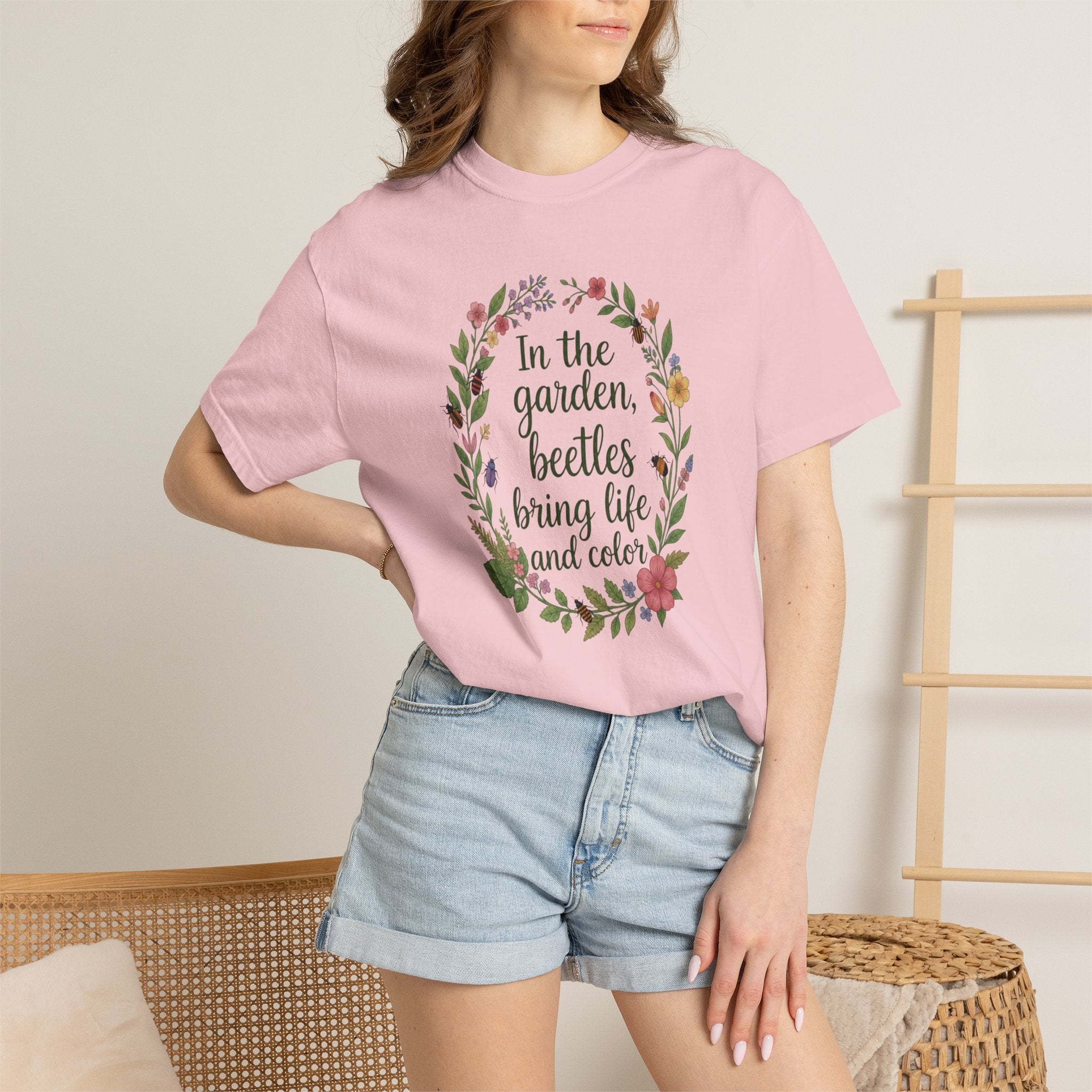 Garden Beetles T-Shirt In the Garden, Beetles Bring Life and Color Floral Wreath Tee