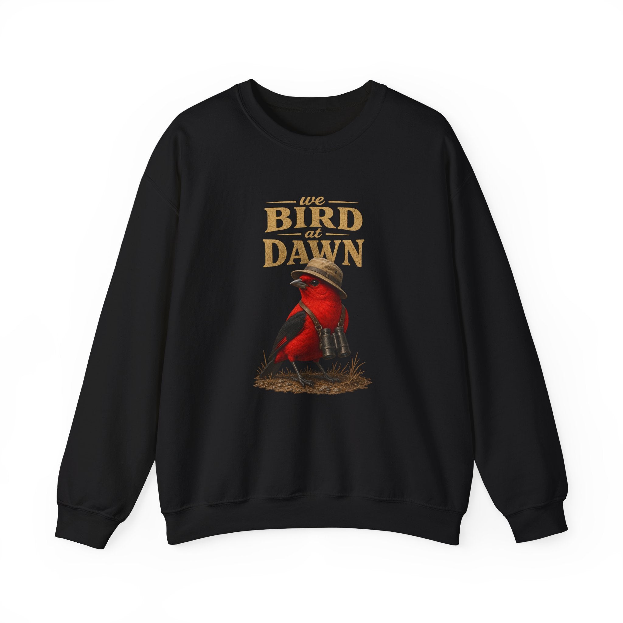 Crewneck Sweatshirt "We Bird at Dawn" — Red Scarlet Tanager Bird Illustration Cozy Pullover