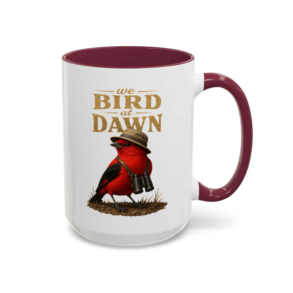 Birdwatcher Coffee Mug — "We Bird at Dawn" Illustrated Scarlet Tanager Mug (11oz/15oz)