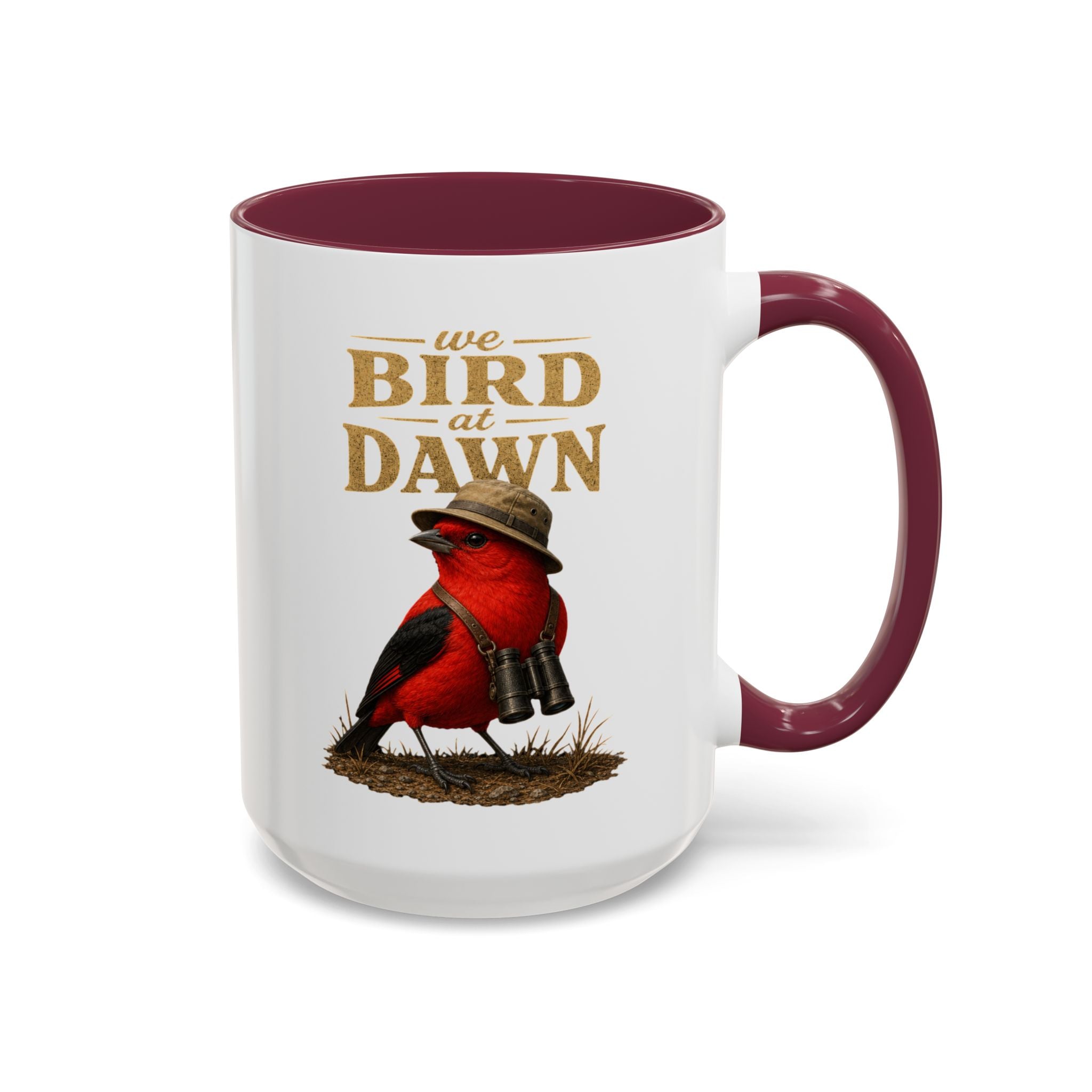 Birdwatcher Coffee Mug — "We Bird at Dawn" Illustrated Scarlet Tanager Mug (11oz/15oz)