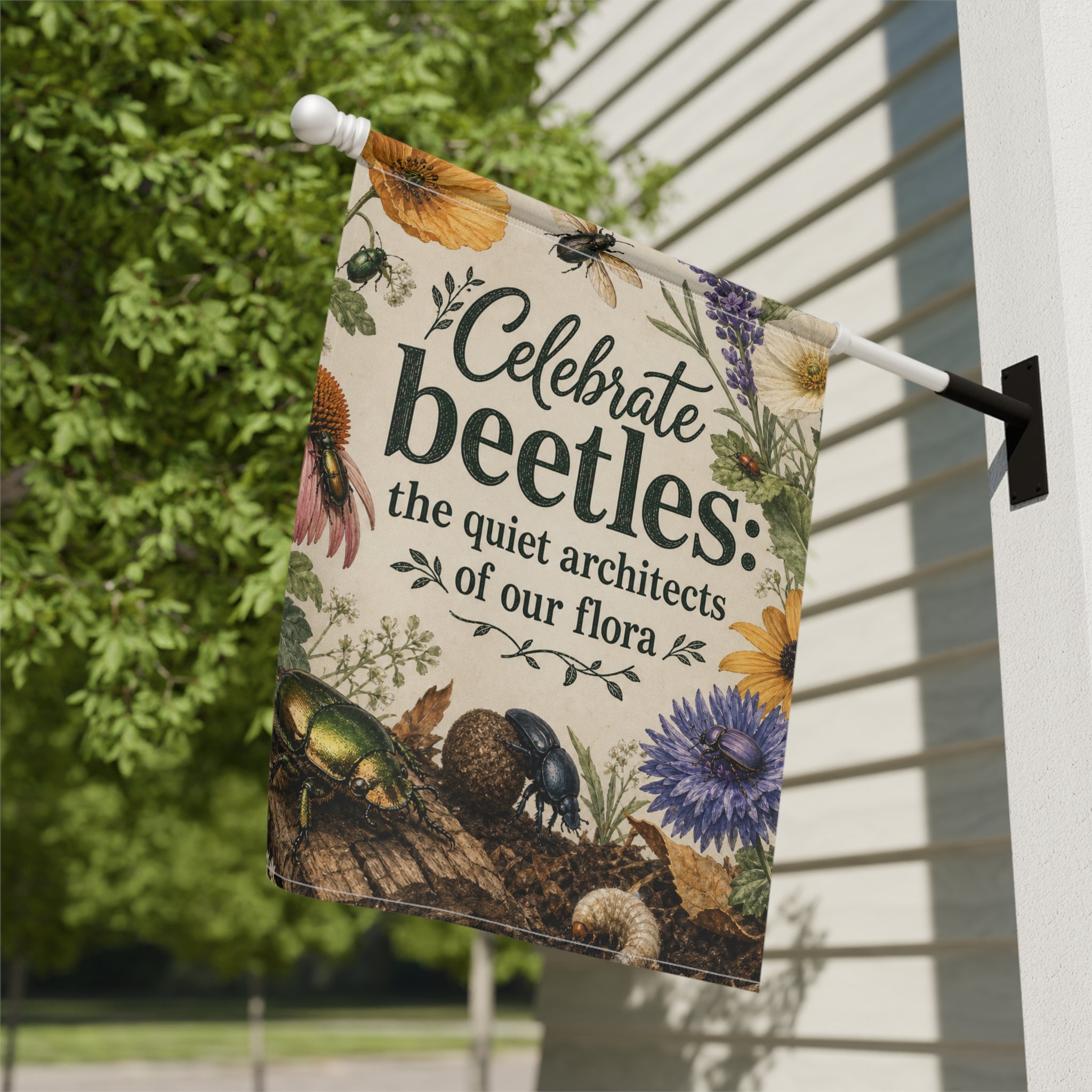 Celebrate Beetles The Quiet Architects of our Flora Garden Flag — Floral Insect Decor for Garden & Yard