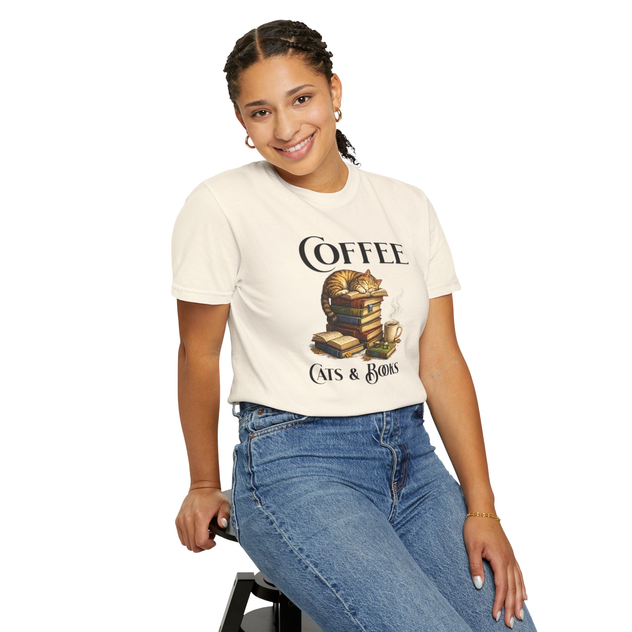 Coffee, Cats & Books T-Shirt — Cozy Booklover Tee