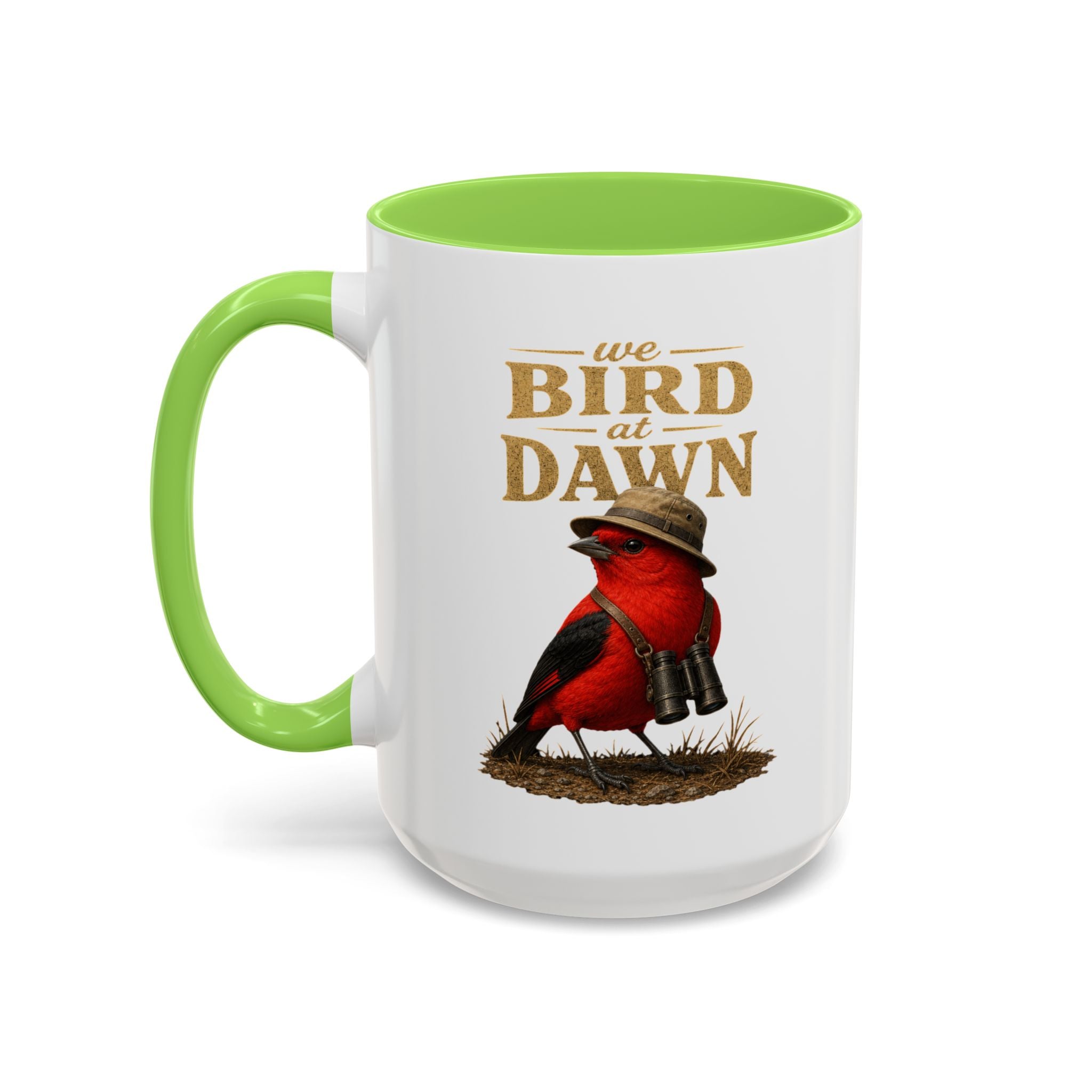 Birdwatcher Coffee Mug — "We Bird at Dawn" Illustrated Scarlet Tanager Mug (11oz/15oz)