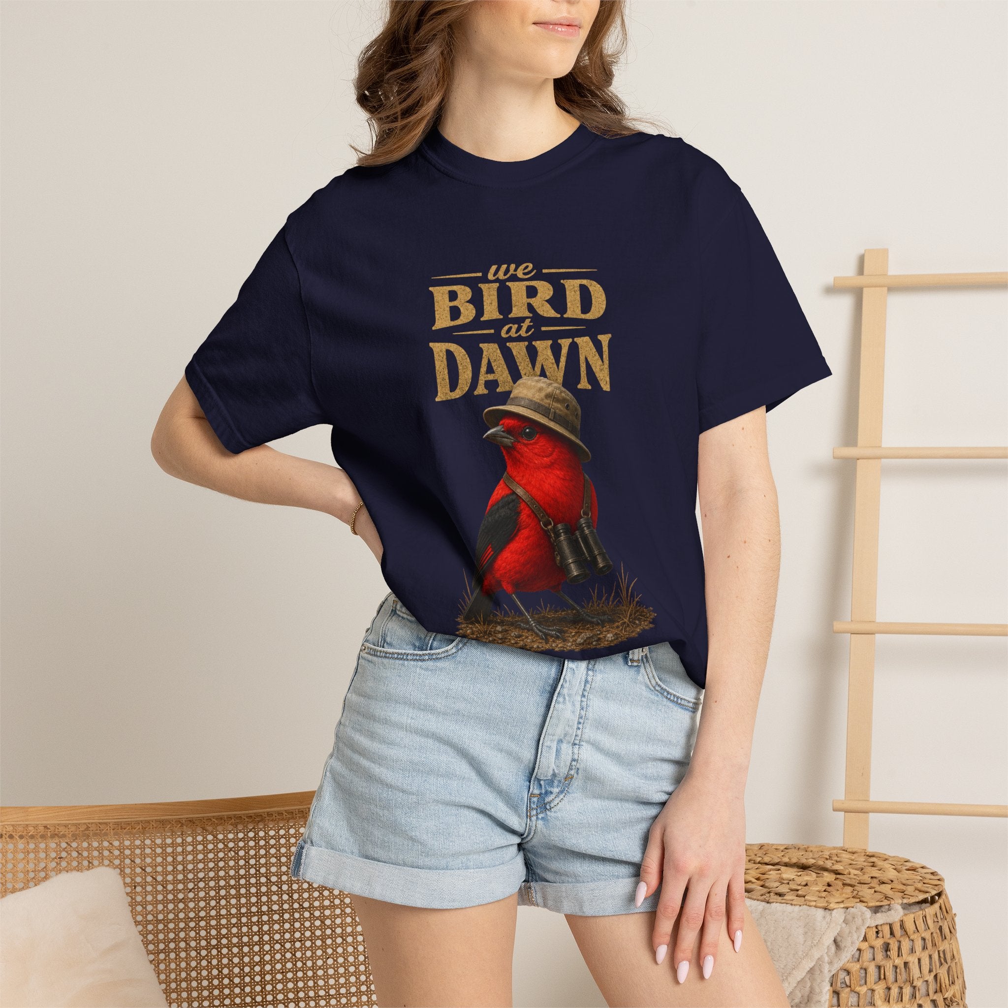 We Bird at Dawn T-Shirt — Vintage Red Scarlet Tanager Bird Graphic Tee