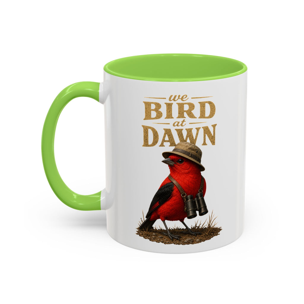 Birdwatcher Coffee Mug — "We Bird at Dawn" Illustrated Scarlet Tanager Mug (11oz/15oz)