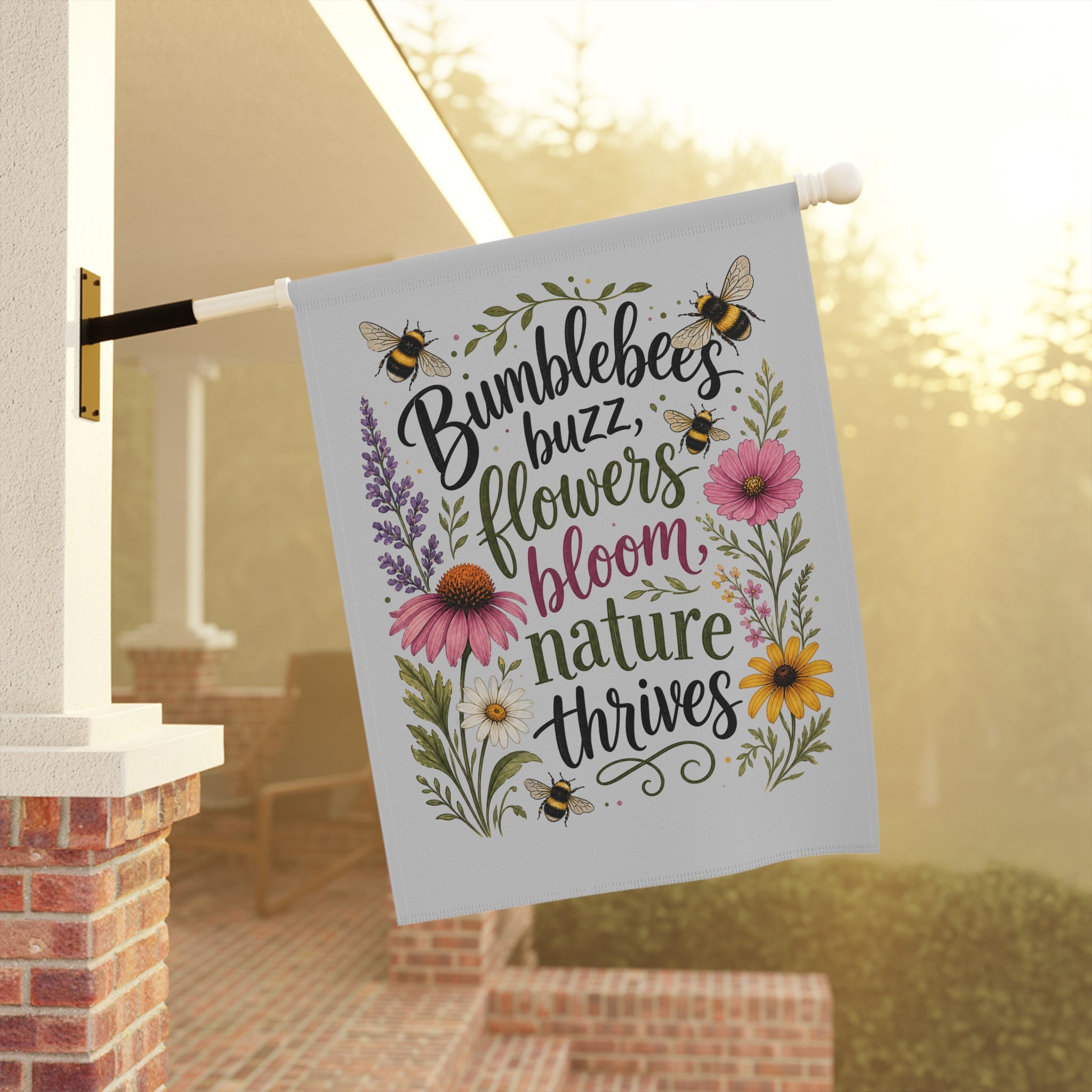 Bumblebees Buzz Garden Flag — Floral "Bumblebees Buzz, Flowers Bloom, Nature Thrives" Yard Banner