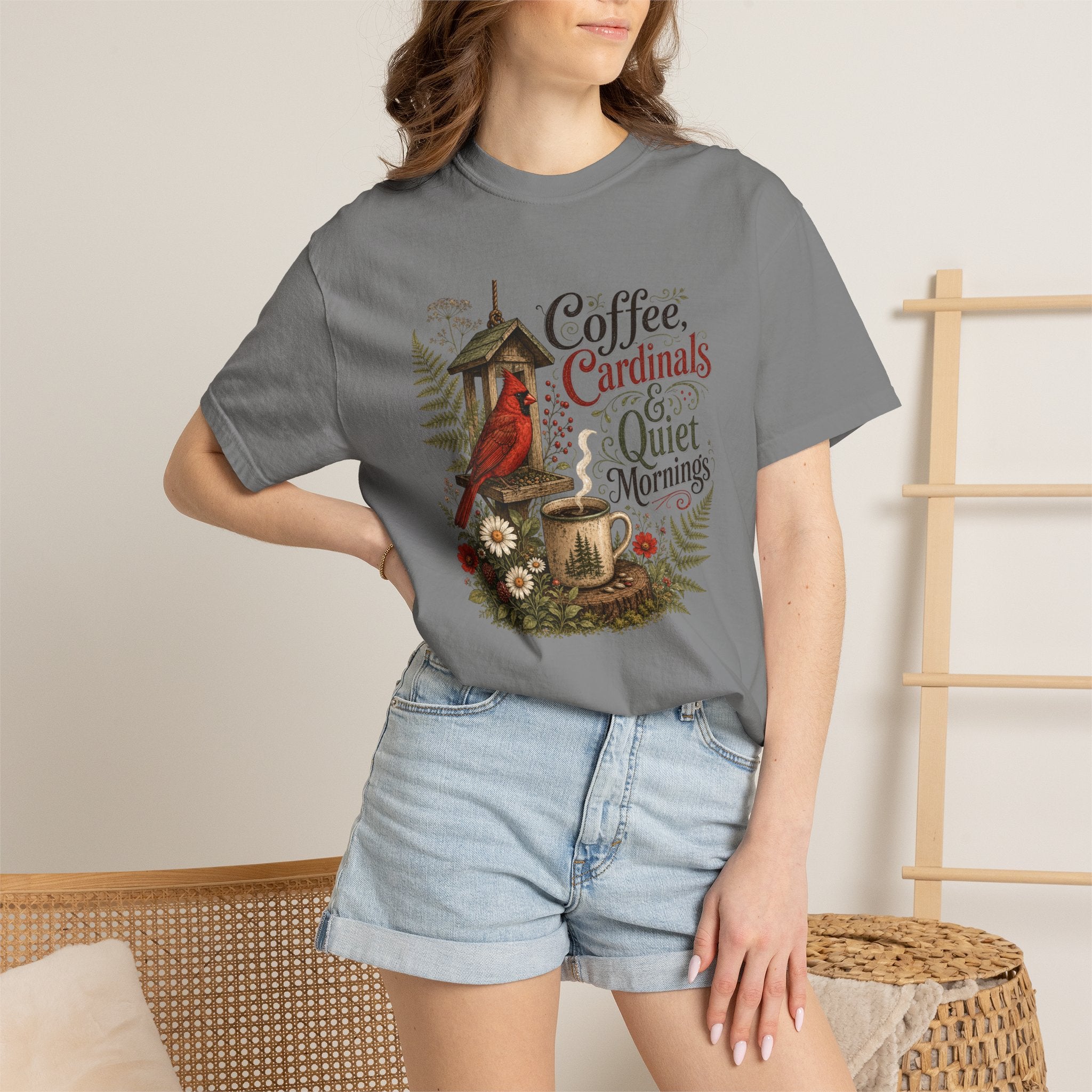 Coffee Cardinal T-Shirt — "Coffee, Cardinal, and Quiet Mornings" Birdwatching Tee