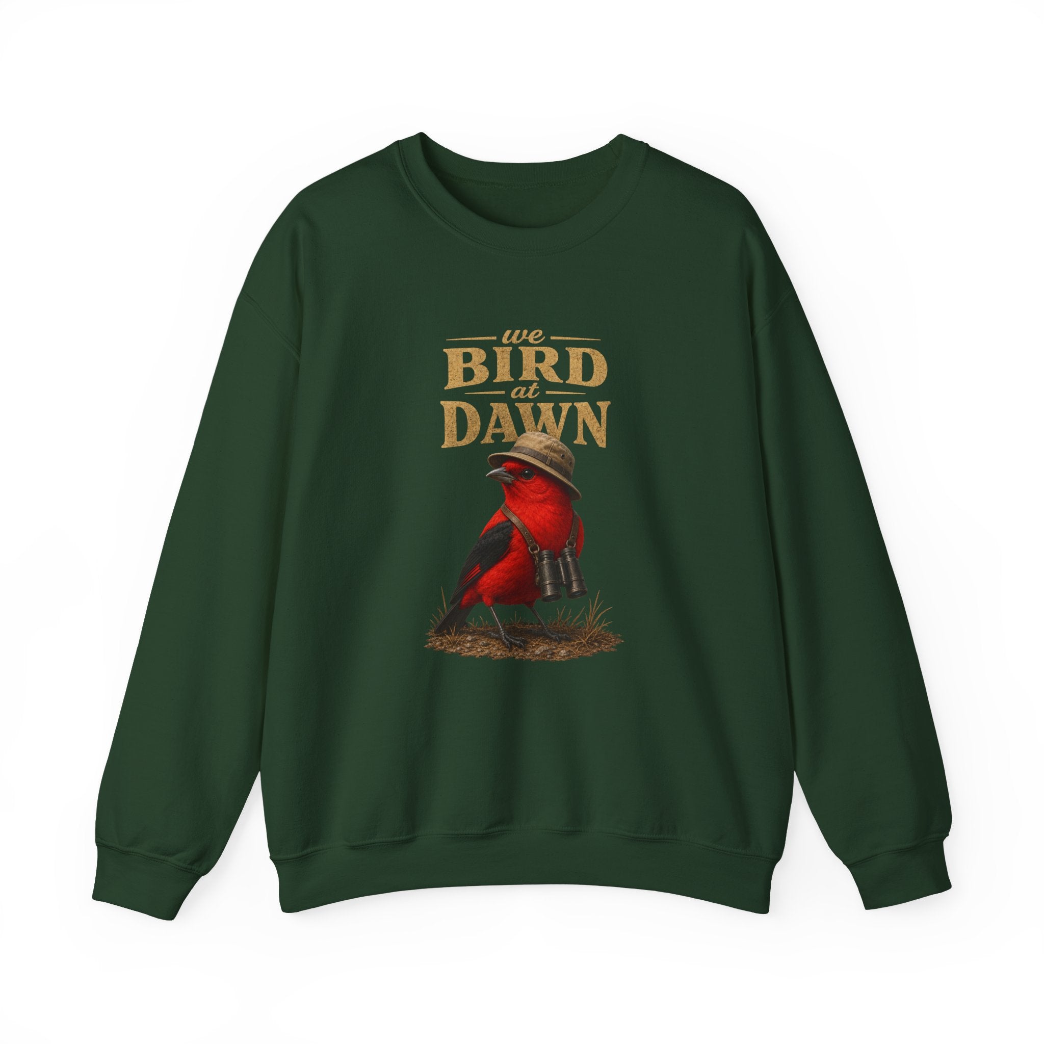 Crewneck Sweatshirt "We Bird at Dawn" — Red Scarlet Tanager Bird Illustration Cozy Pullover
