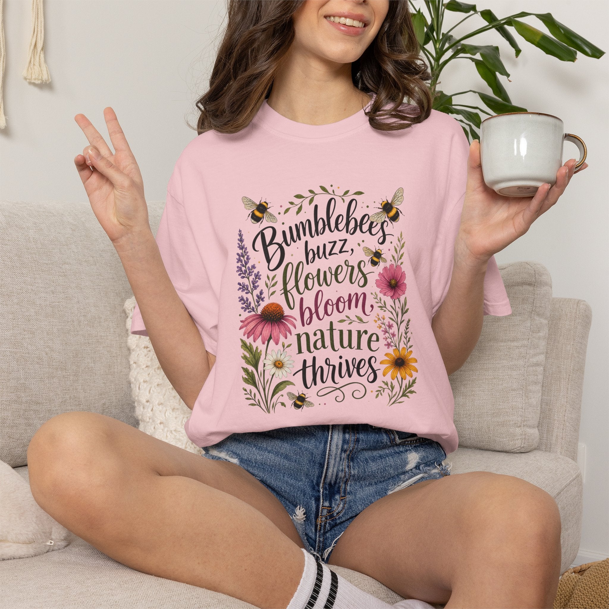 Bumblebees Buzz Flowers Bloom Nature Thrives T-Shirt Garden Tee