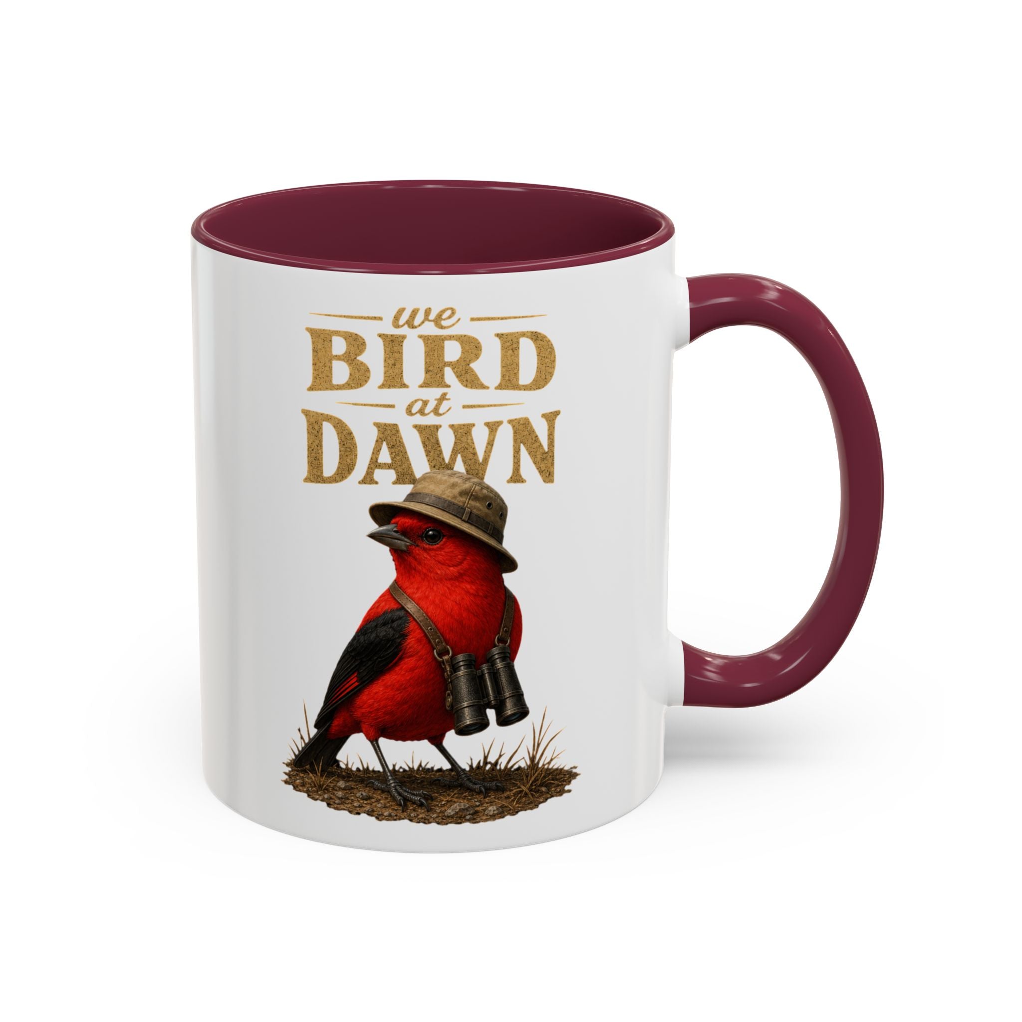Birdwatcher Coffee Mug — "We Bird at Dawn" Illustrated Scarlet Tanager Mug (11oz/15oz)