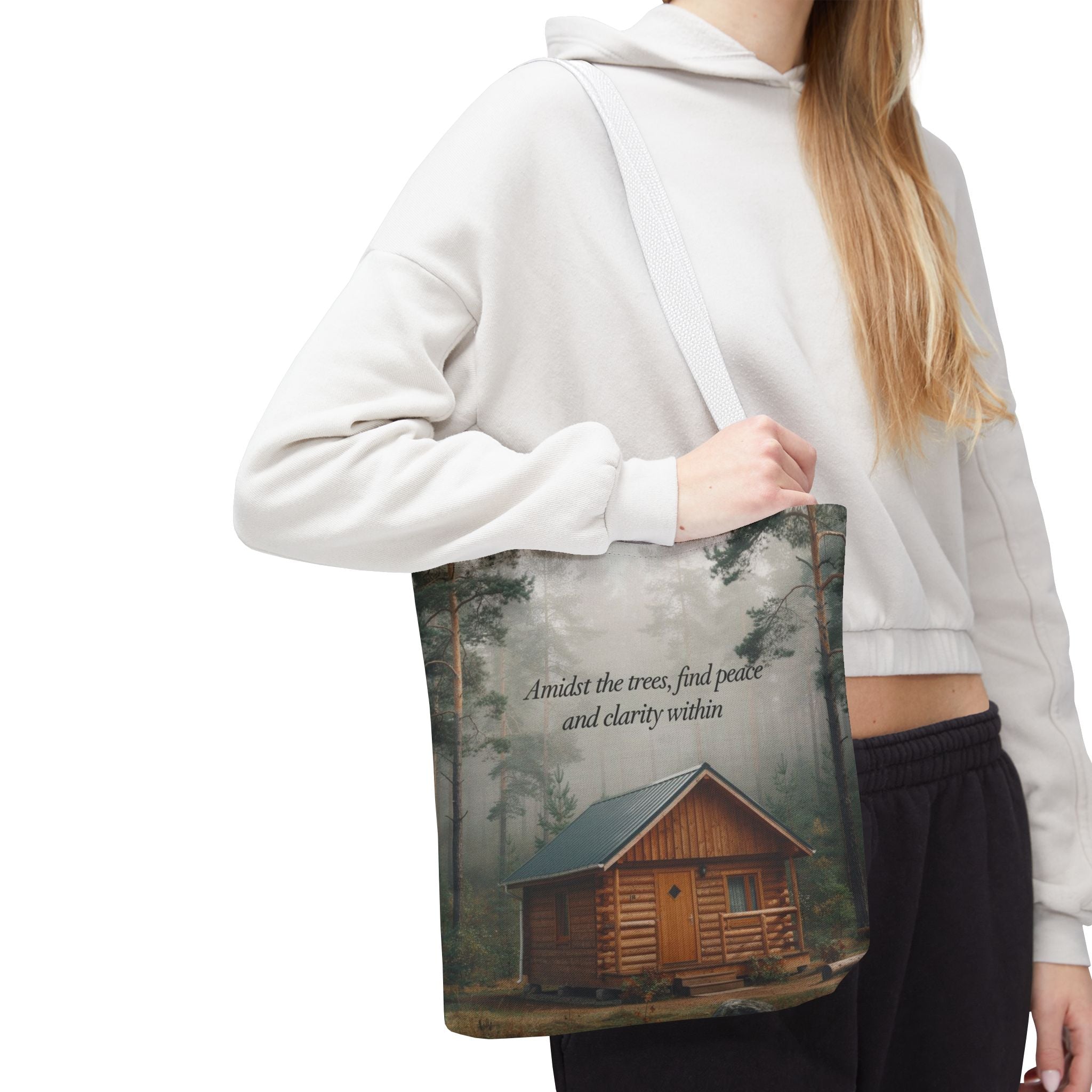 Cabin in the Woods Tote Bag — "Amidst the trees, find peace and clarity within" Nature Canvas Tote