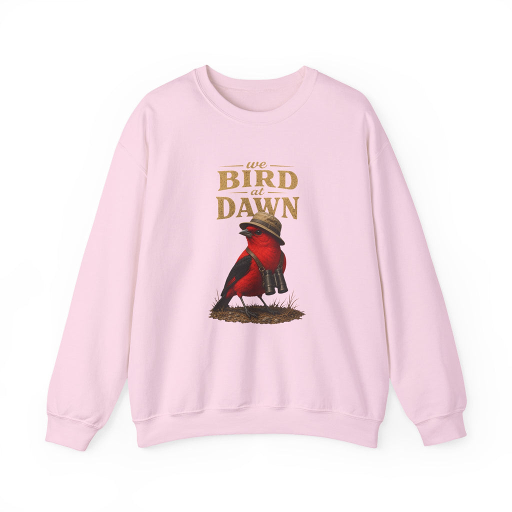 Crewneck Sweatshirt "We Bird at Dawn" — Red Scarlet Tanager Bird Illustration Cozy Pullover