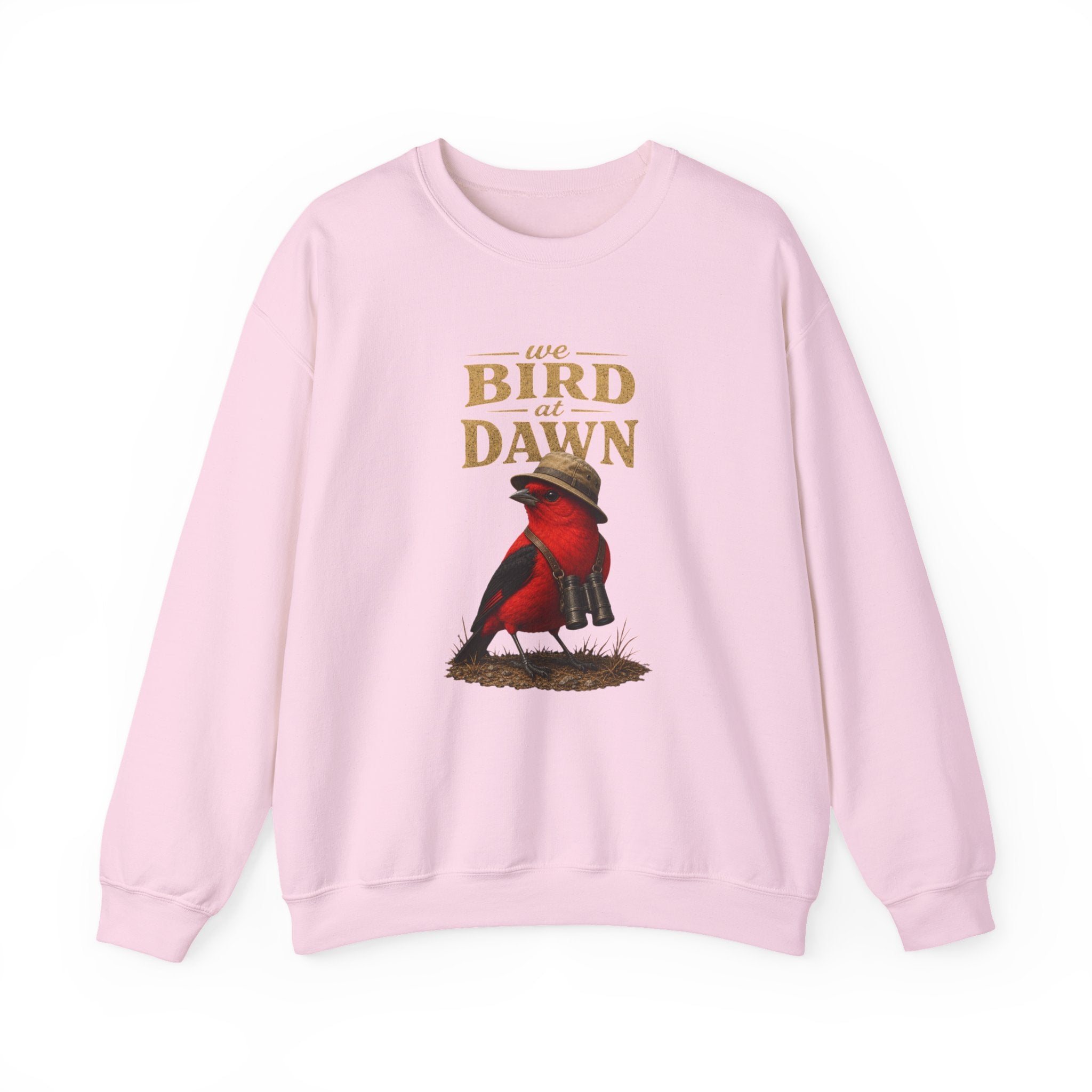 Crewneck Sweatshirt "We Bird at Dawn" — Red Scarlet Tanager Bird Illustration Cozy Pullover