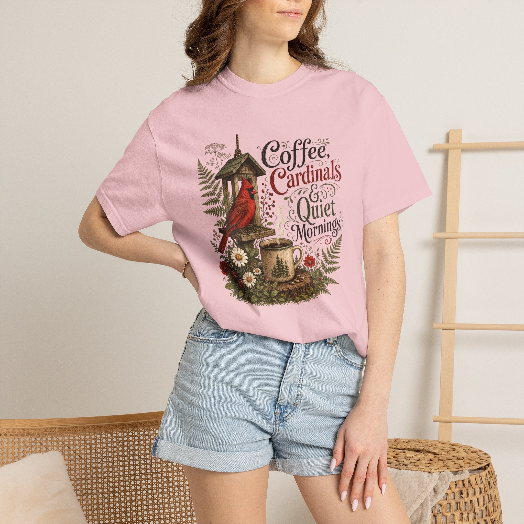 Coffee Cardinal T-Shirt — "Coffee, Cardinal, and Quiet Mornings" Birdwatching Tee