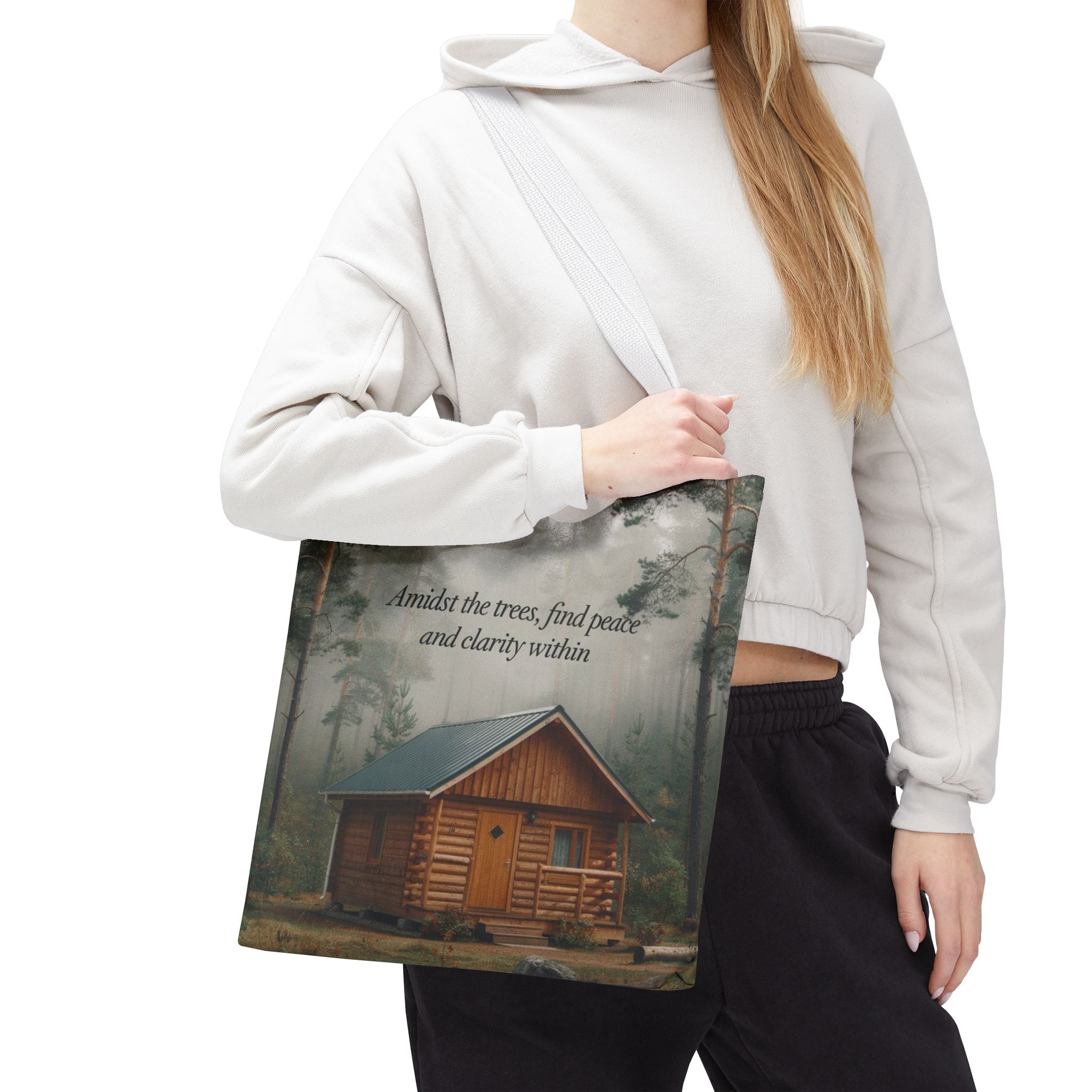 Cabin in the Woods Tote Bag — "Amidst the trees, find peace and clarity within" Nature Canvas Tote